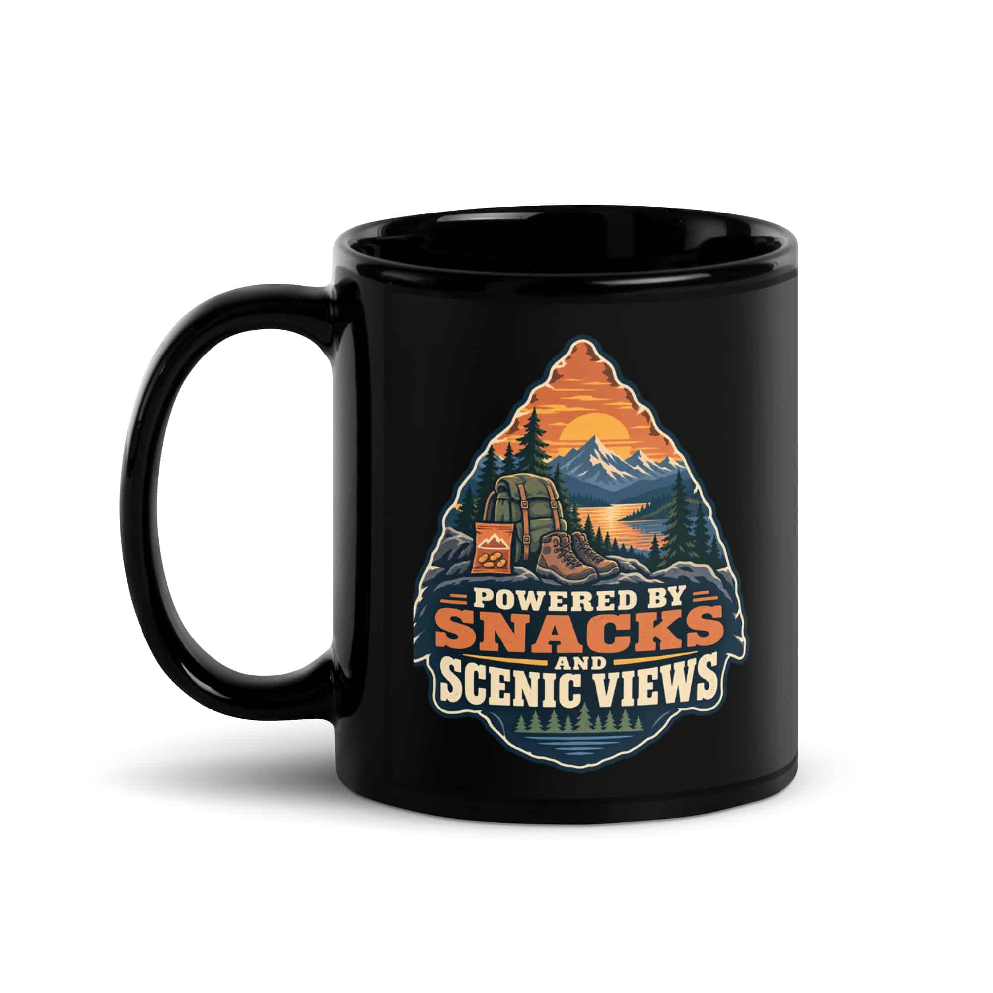 Nature and Adventure Black Coffee Mug: Powered by Snacks and Scenic Views, Scenic Shield Badge