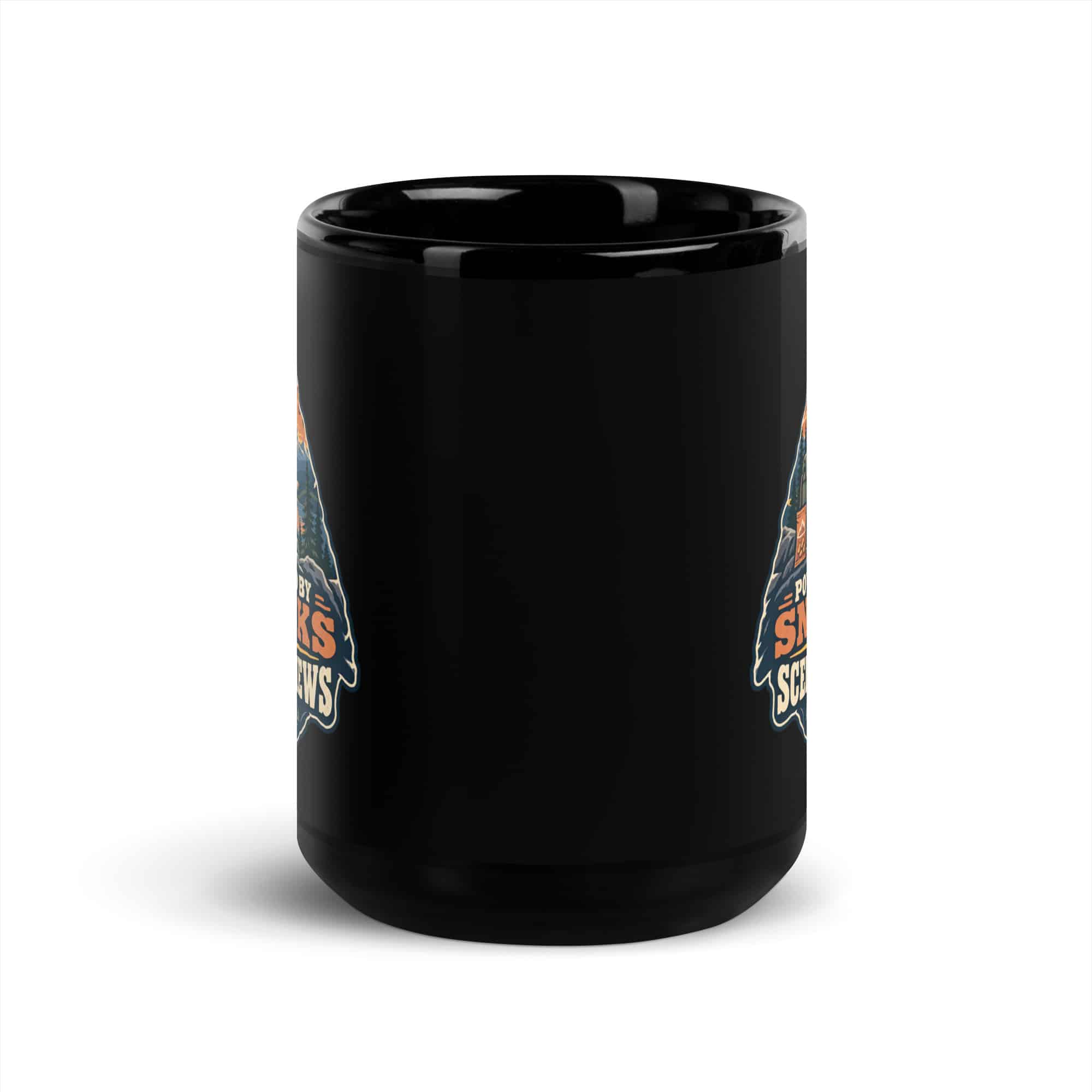 Nature and Adventure Black Coffee Mug: Powered by Snacks and Scenic Views, Scenic Shield Badge