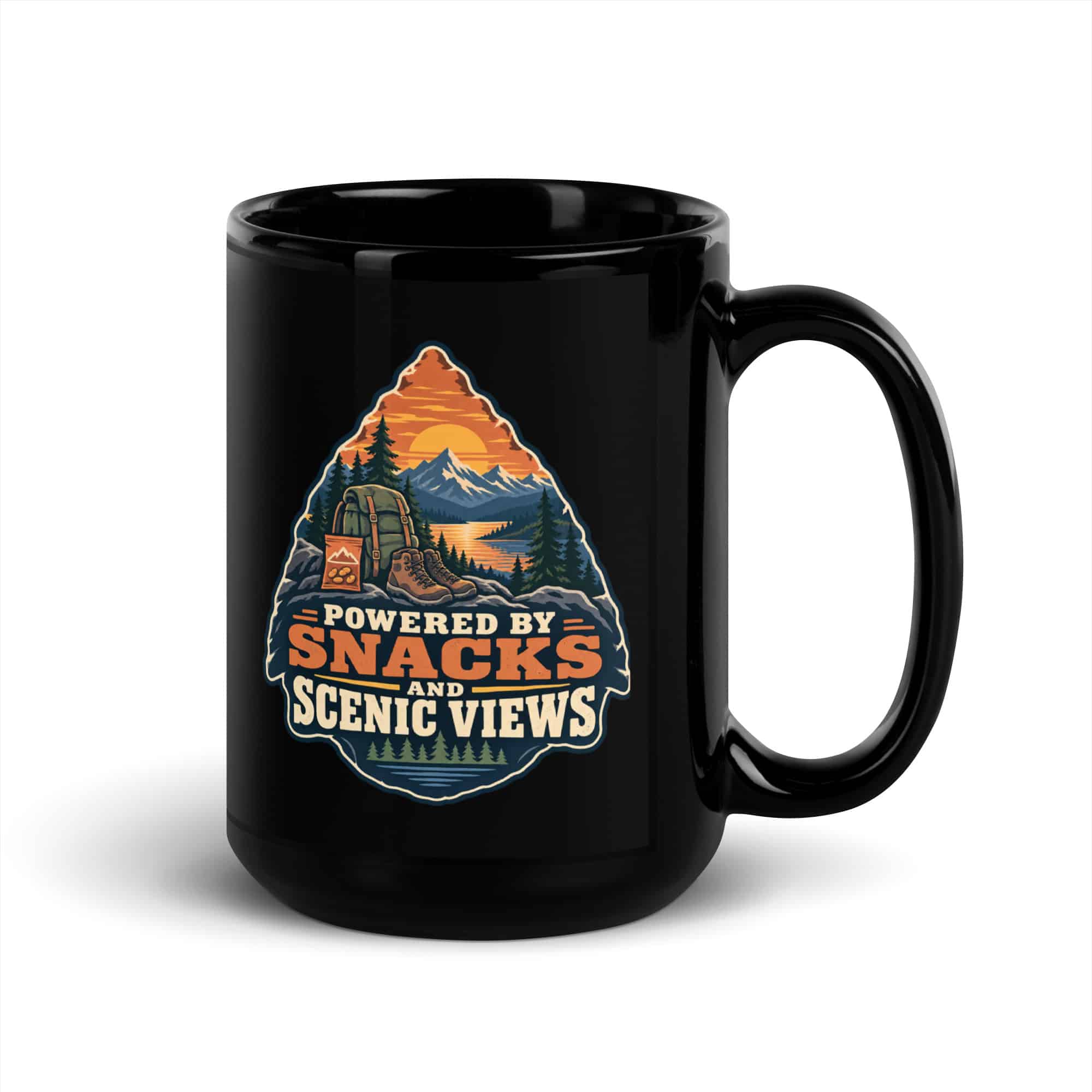 Nature and Adventure Black Coffee Mug: Powered by Snacks and Scenic Views, Scenic Shield Badge