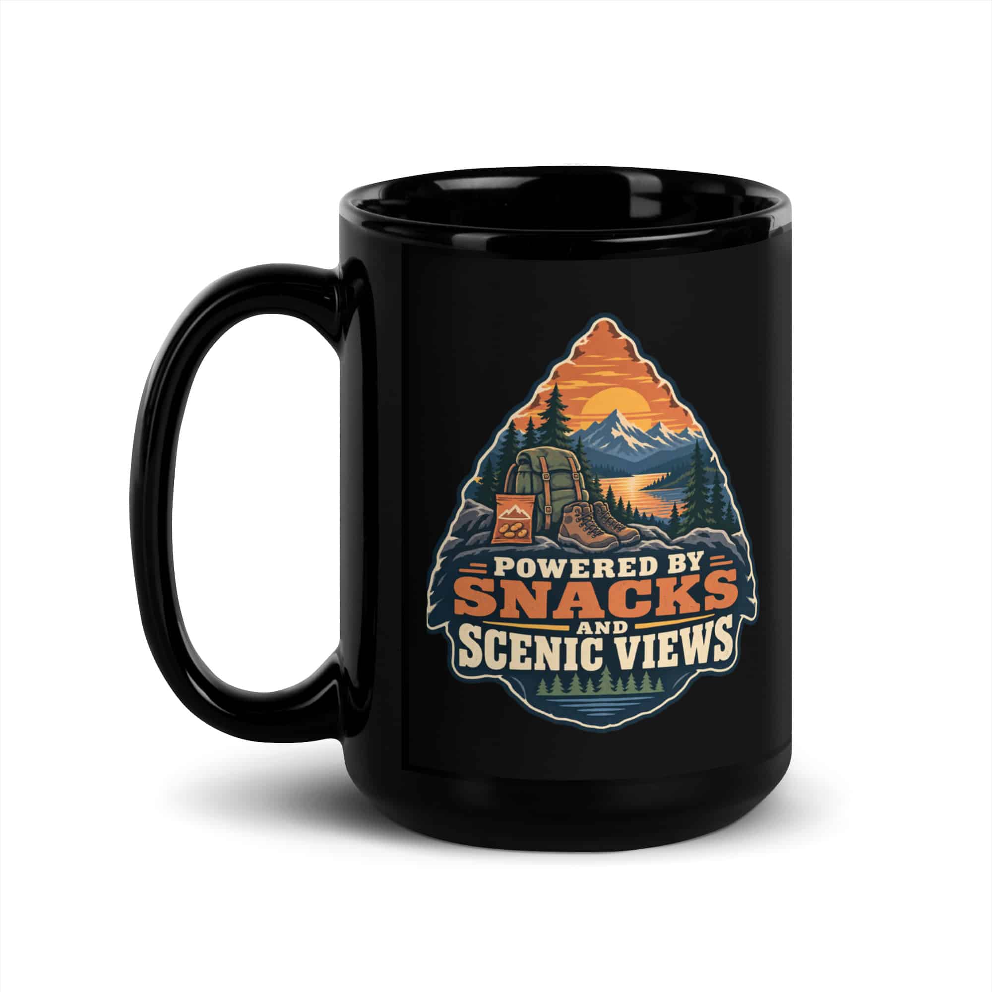 Nature and Adventure Black Coffee Mug: Powered by Snacks and Scenic Views, Scenic Shield Badge