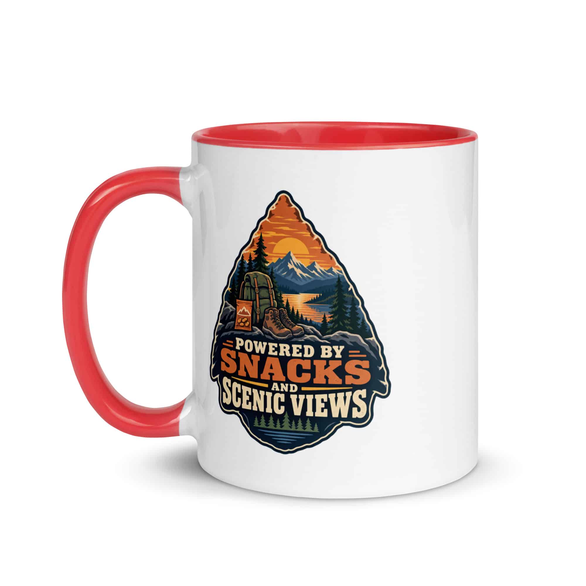 Nature and Adventure Color Inside Coffee Mug: Powered by Snacks and Scenic Views, Scenic Shield Badge