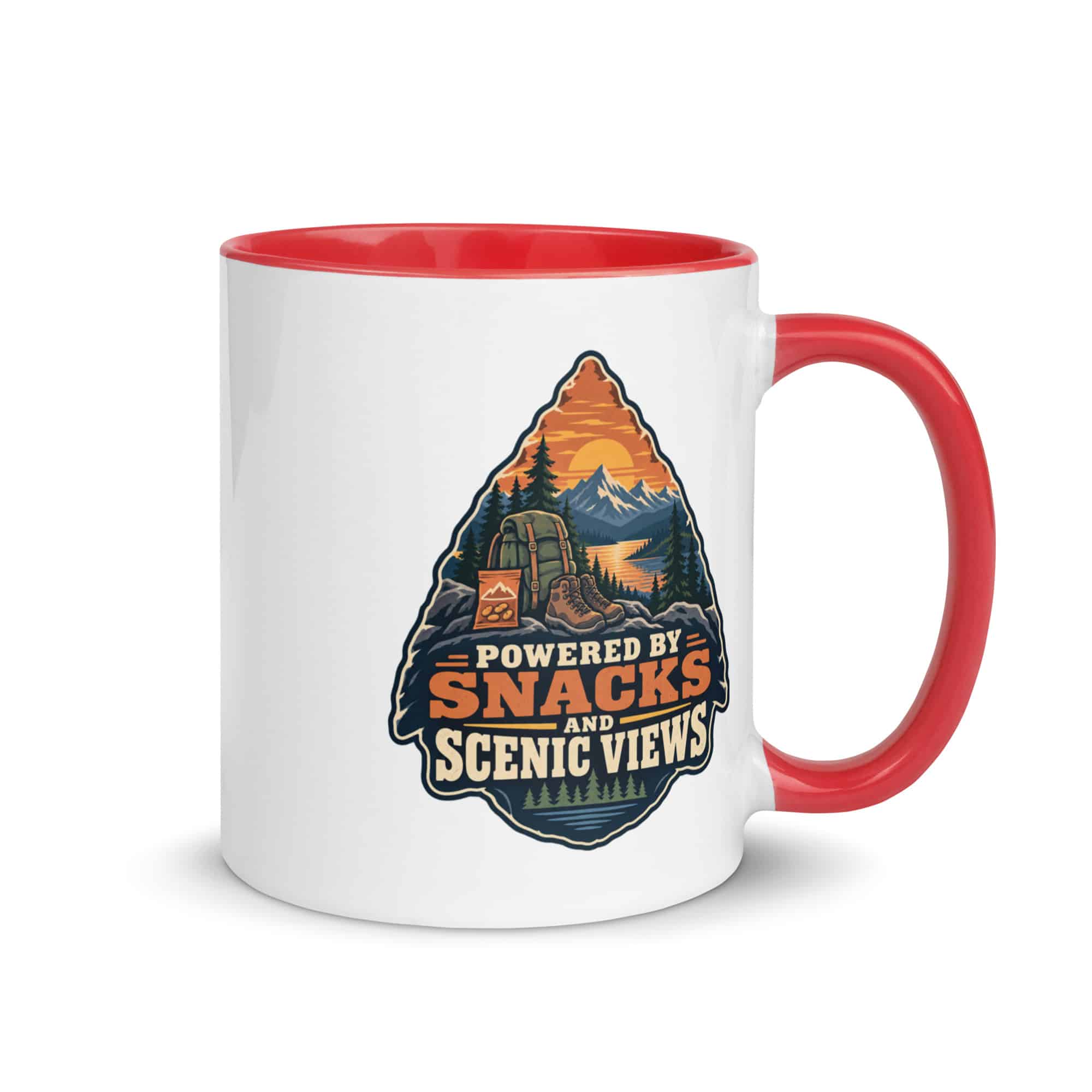 Nature and Adventure Color Inside Coffee Mug: Powered by Snacks and Scenic Views, Scenic Shield Badge