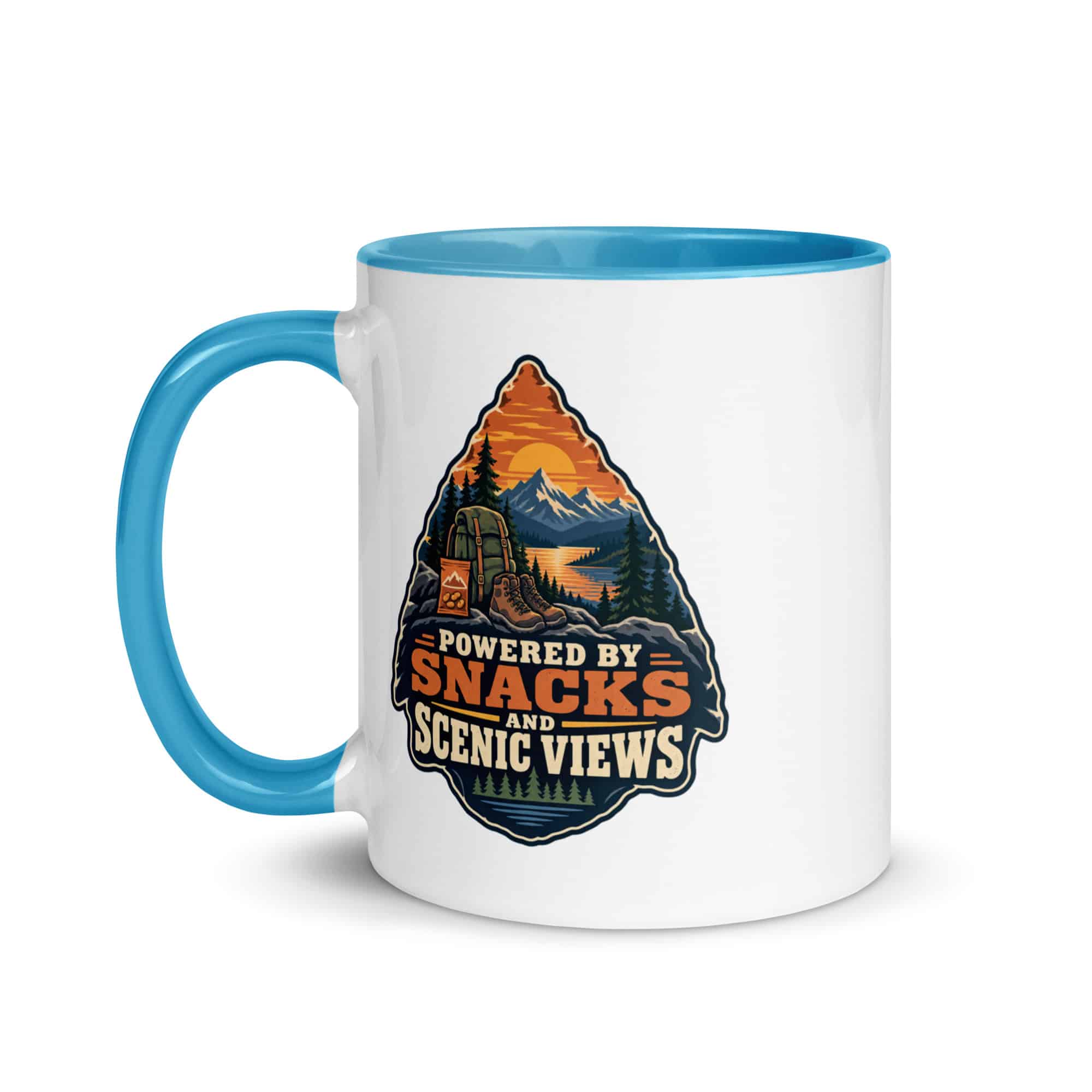 Nature and Adventure Color Inside Coffee Mug: Powered by Snacks and Scenic Views, Scenic Shield Badge