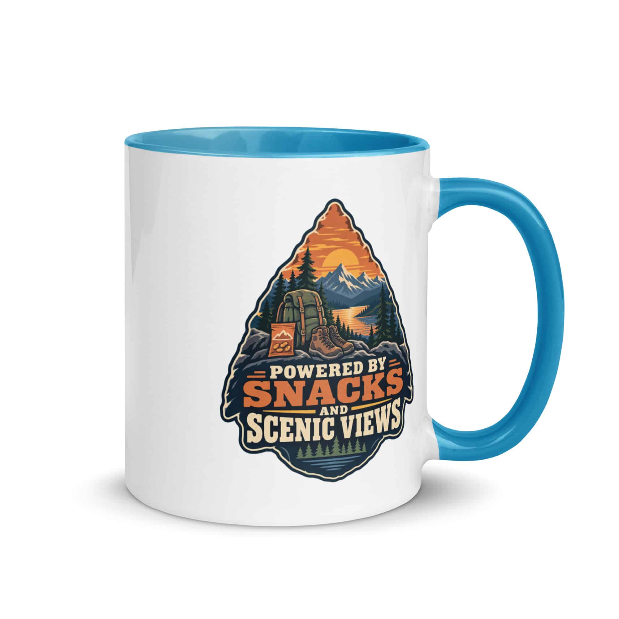 Nature and Adventure Color Inside Coffee Mug: Powered by Snacks and Scenic Views, Scenic Shield Badge