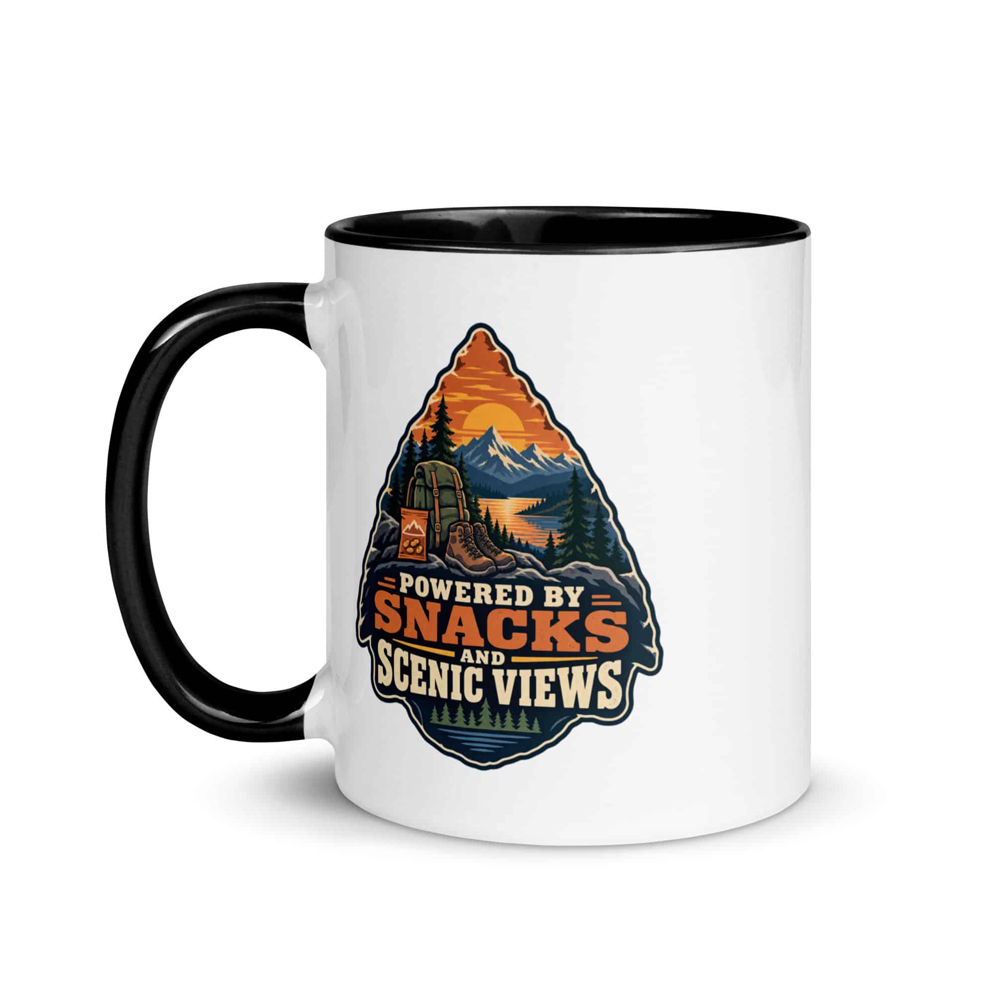 Nature and Adventure Color Inside Coffee Mug: Powered by Snacks and Scenic Views, Scenic Shield Badge