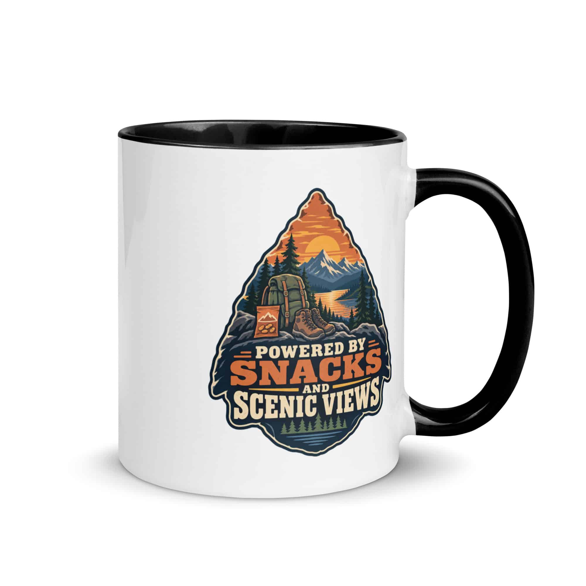 Nature and Adventure Color Inside Coffee Mug: Powered by Snacks and Scenic Views, Scenic Shield Badge