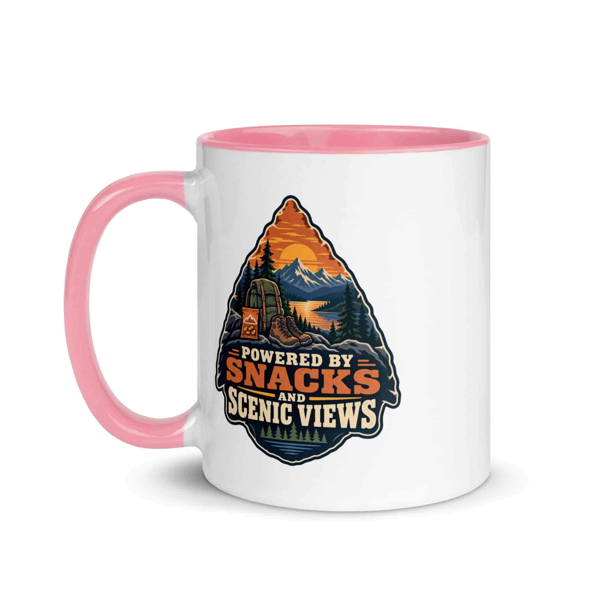 Nature and Adventure Color Inside Coffee Mug: Powered by Snacks and Scenic Views, Scenic Shield Badge