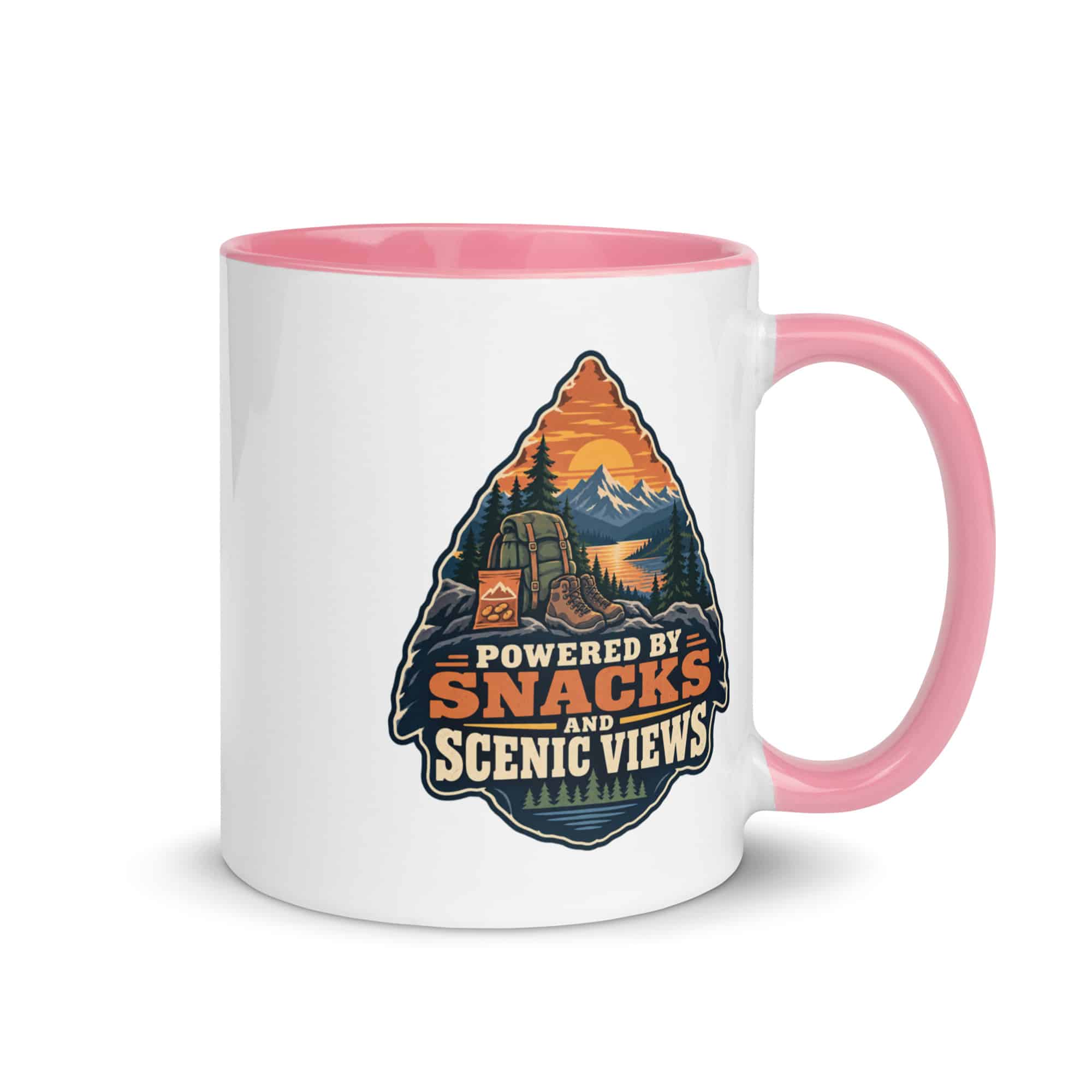 Nature and Adventure Color Inside Coffee Mug: Powered by Snacks and Scenic Views, Scenic Shield Badge