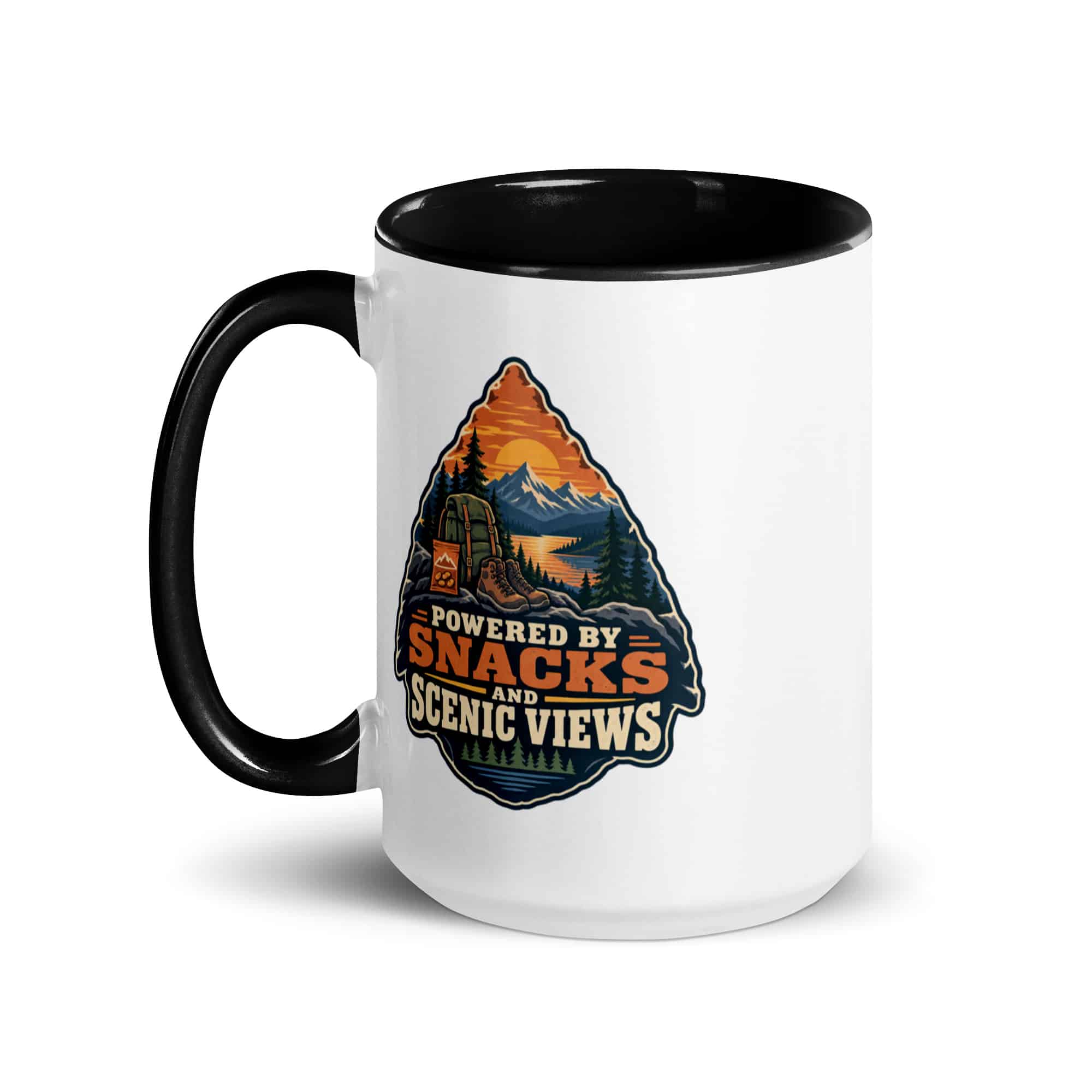 Nature and Adventure Color Inside Coffee Mug: Powered by Snacks and Scenic Views, Scenic Shield Badge