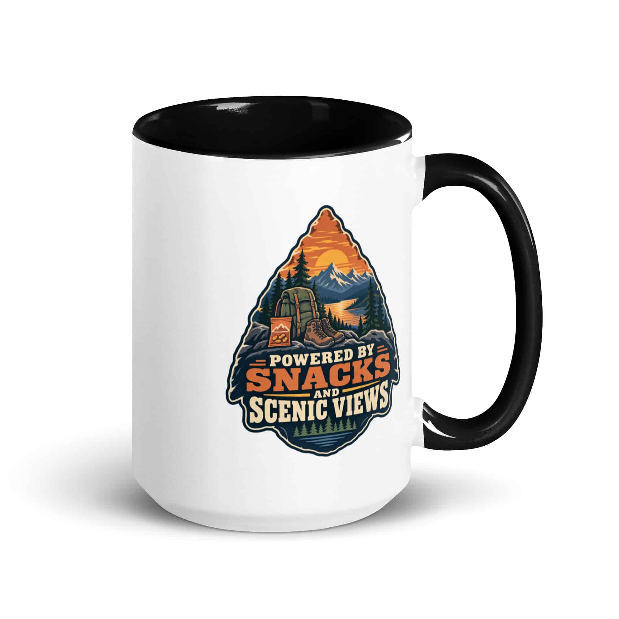 Nature and Adventure Color Inside Coffee Mug: Powered by Snacks and Scenic Views, Scenic Shield Badge