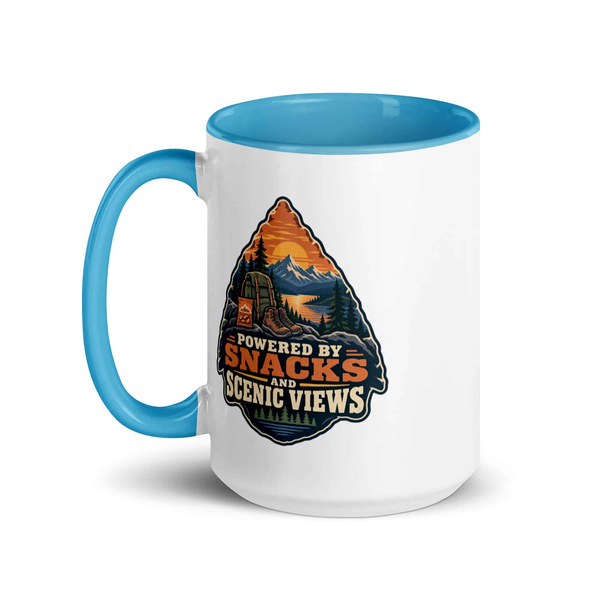 Nature and Adventure Color Inside Coffee Mug: Powered by Snacks and Scenic Views, Scenic Shield Badge
