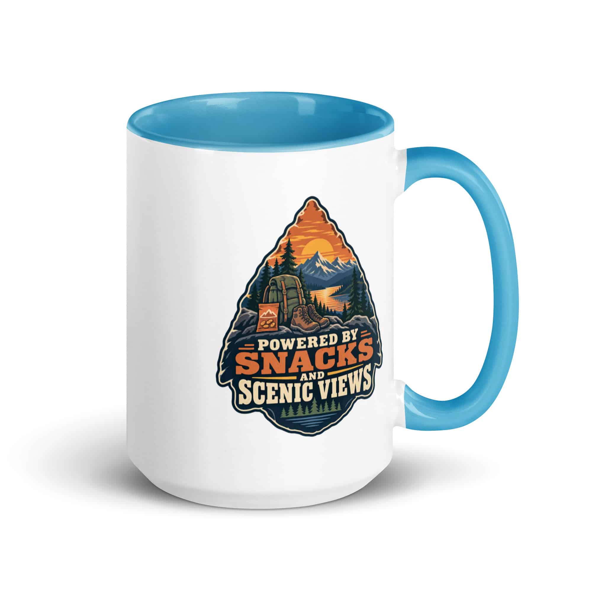 Nature and Adventure Color Inside Coffee Mug: Powered by Snacks and Scenic Views, Scenic Shield Badge