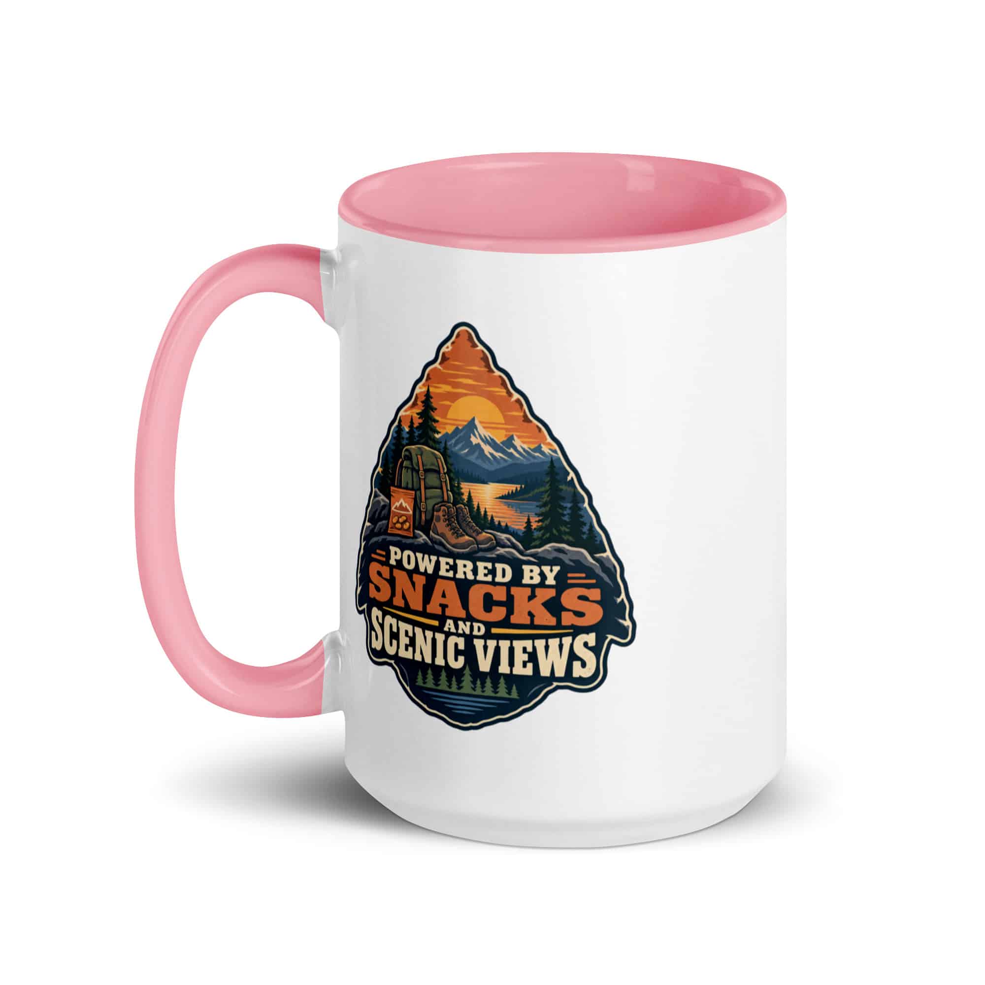 Nature and Adventure Color Inside Coffee Mug: Powered by Snacks and Scenic Views, Scenic Shield Badge