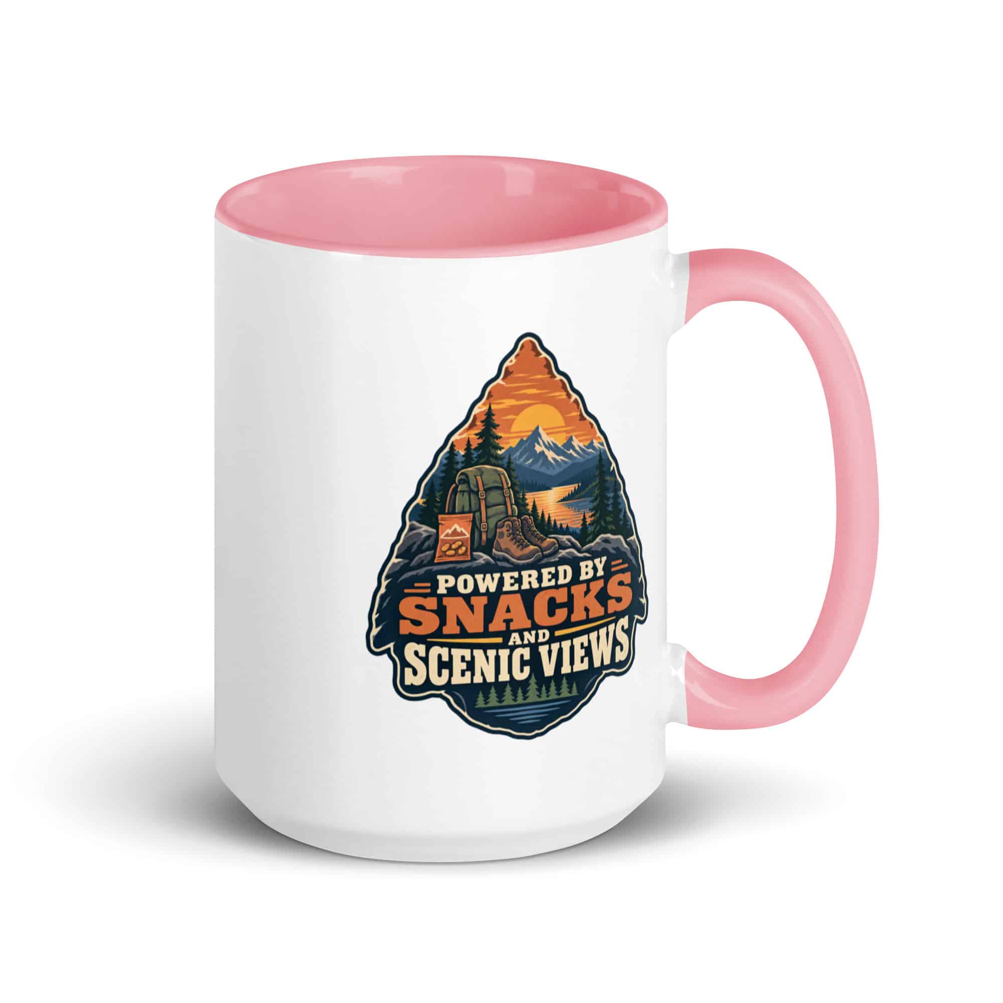 Nature and Adventure Color Inside Coffee Mug: Powered by Snacks and Scenic Views, Scenic Shield Badge