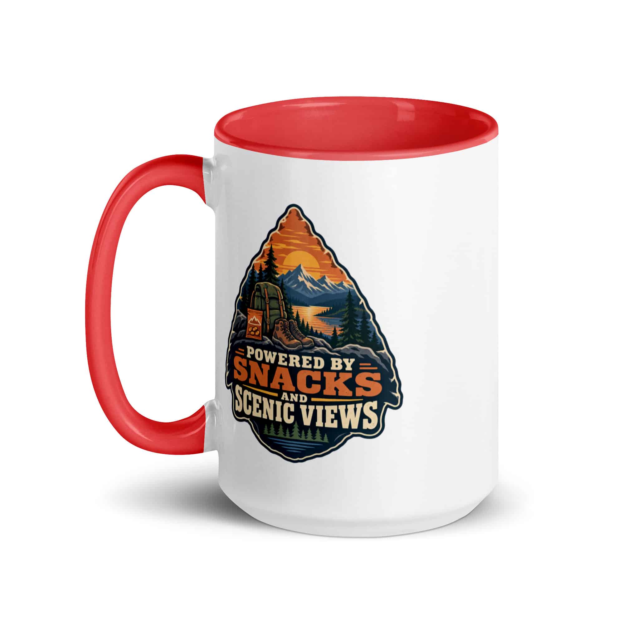 Nature and Adventure Color Inside Coffee Mug: Powered by Snacks and Scenic Views, Scenic Shield Badge