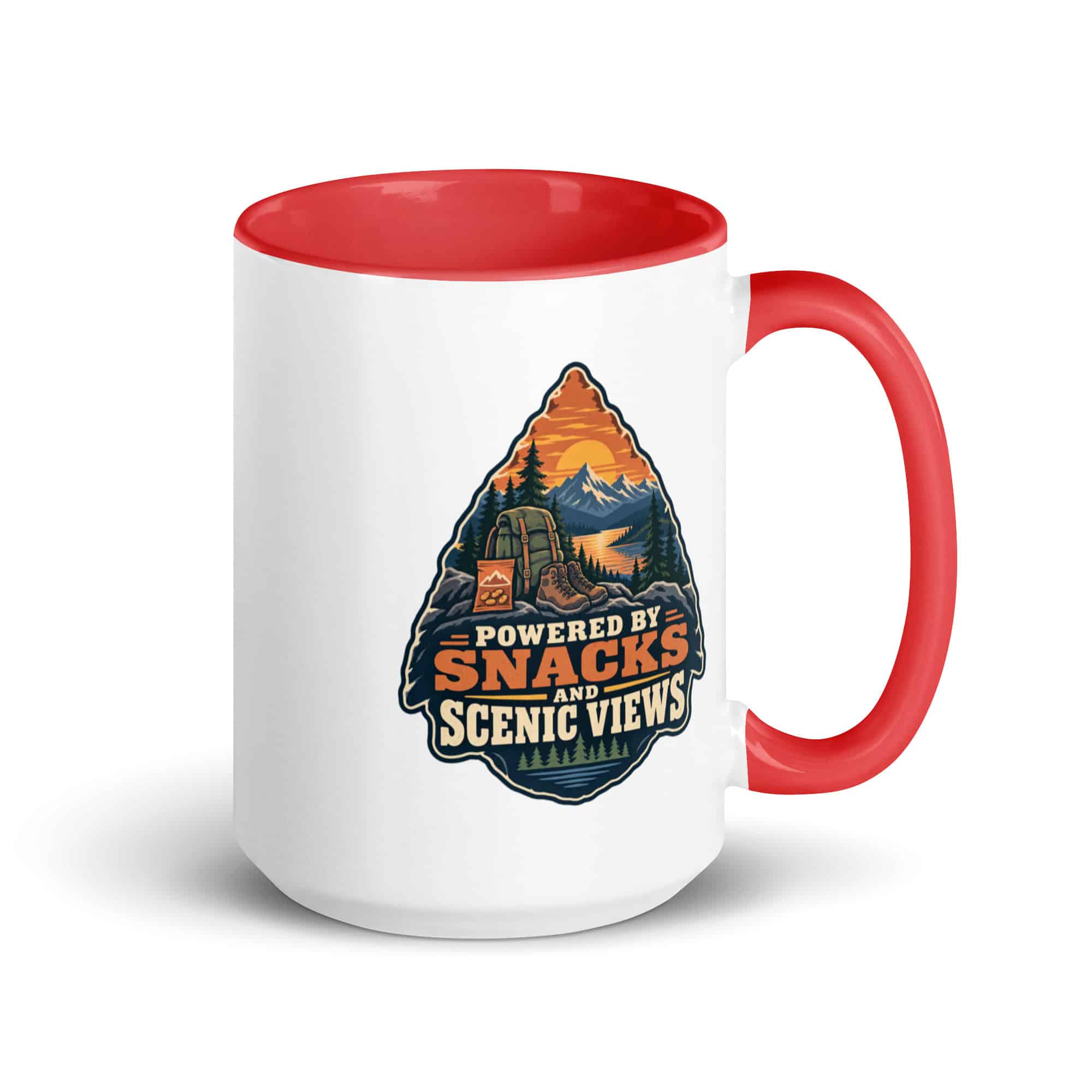 Nature and Adventure Color Inside Coffee Mug: Powered by Snacks and Scenic Views, Scenic Shield Badge