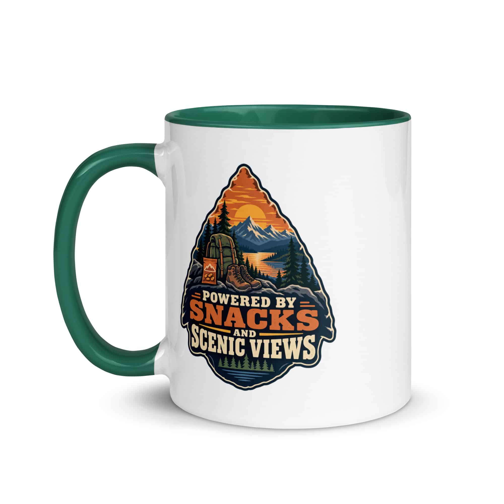 Nature and Adventure Color Inside Coffee Mug: Powered by Snacks and Scenic Views, Scenic Shield Badge