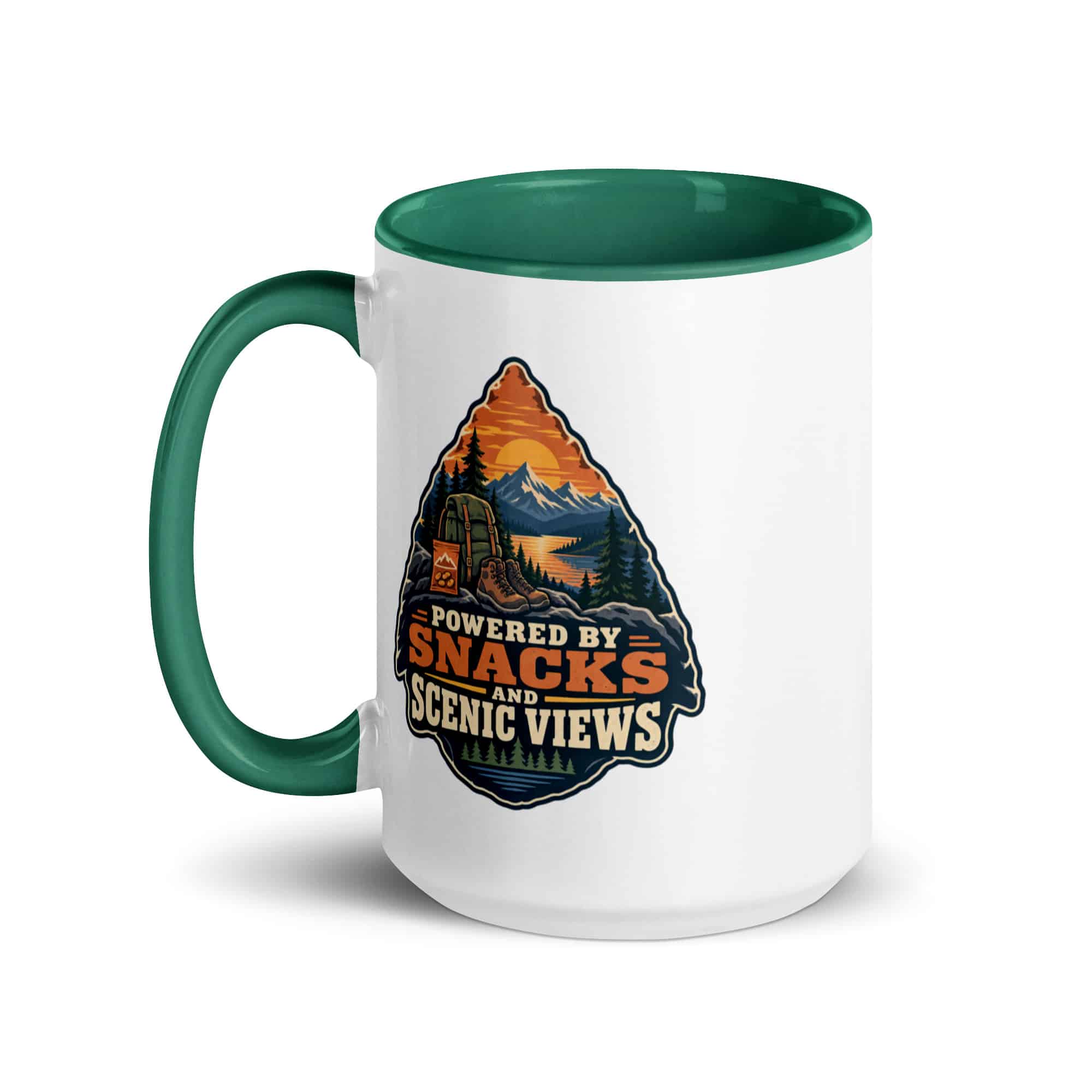Nature and Adventure Color Inside Coffee Mug: Powered by Snacks and Scenic Views, Scenic Shield Badge
