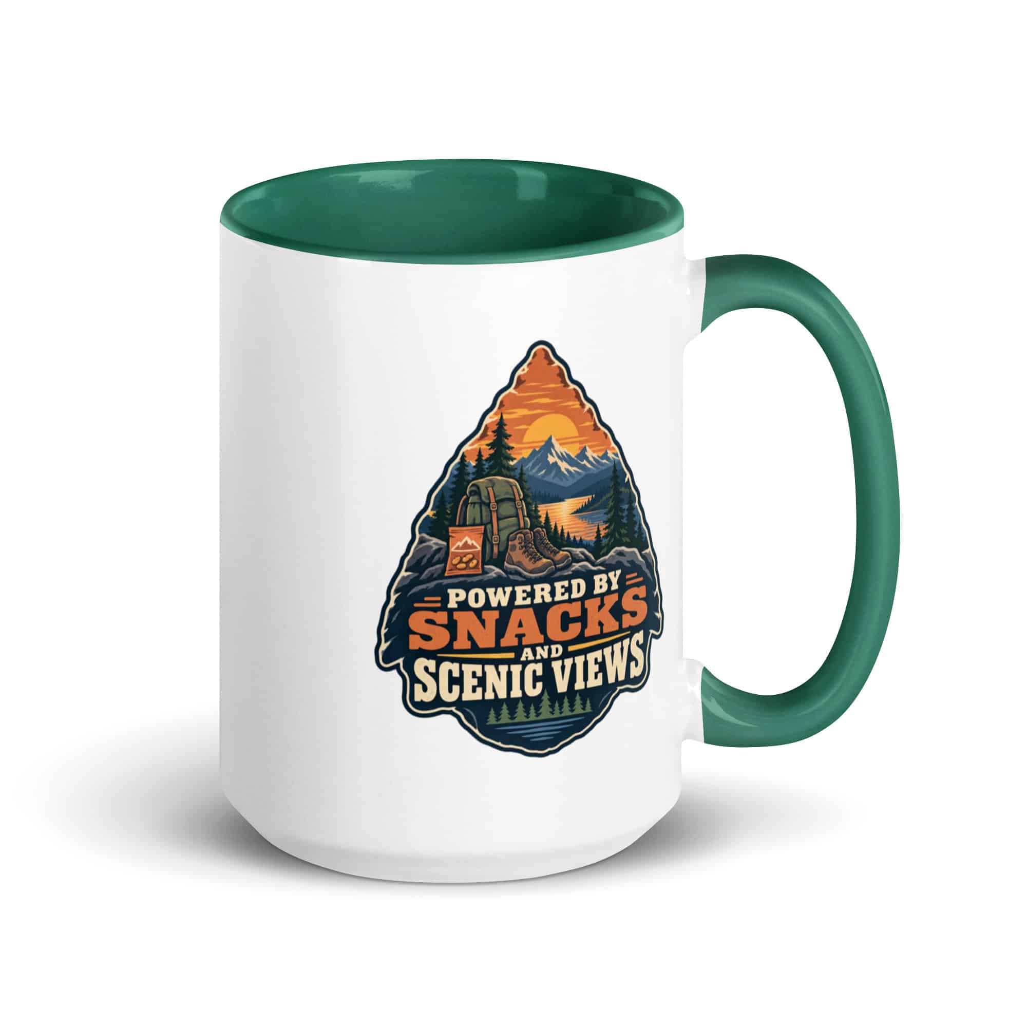 Nature and Adventure Color Inside Coffee Mug: Powered by Snacks and Scenic Views, Scenic Shield Badge