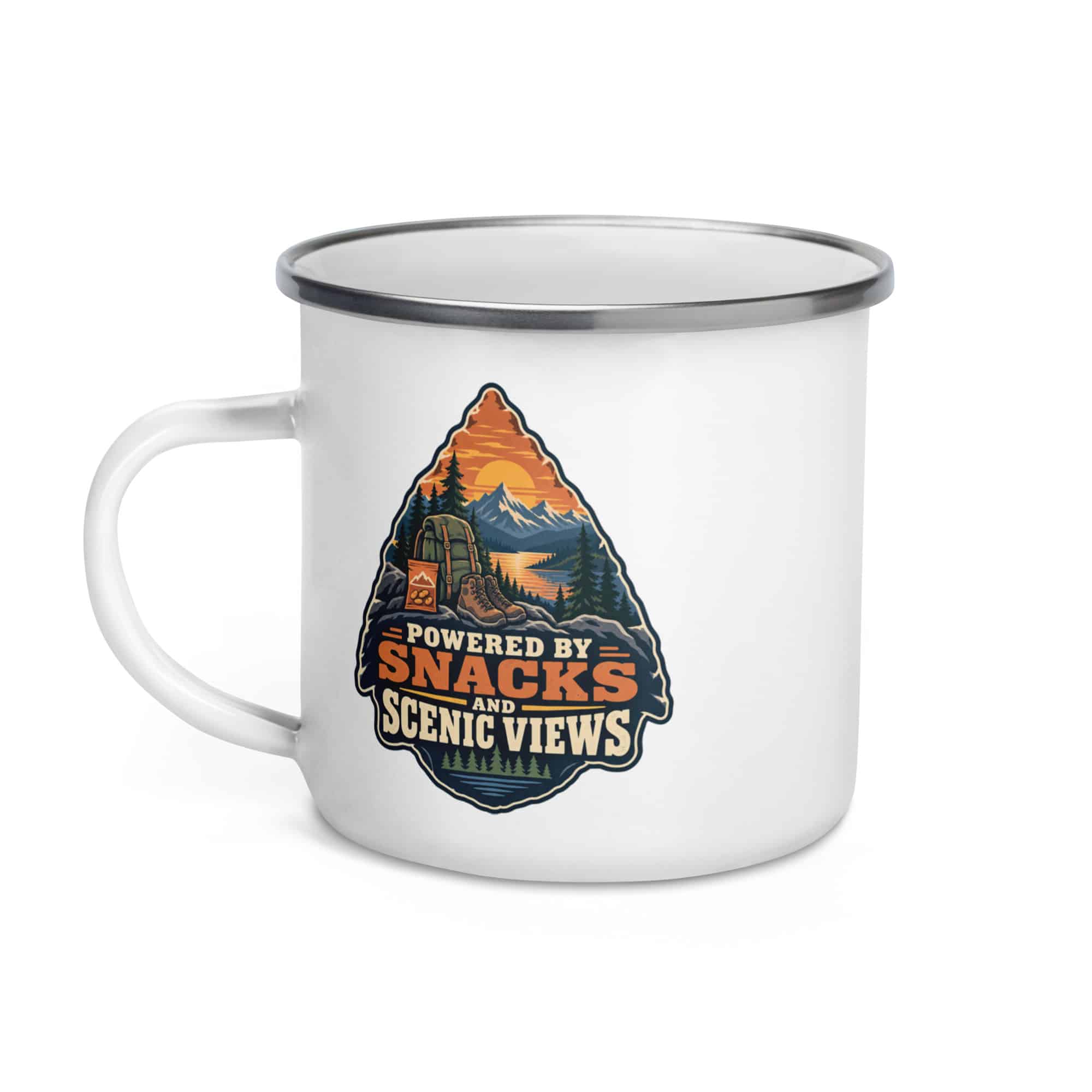 Nature and Adventure Enamel Camp Mug: Powered by Snacks and Scenic Views, Scenic Shield Badge