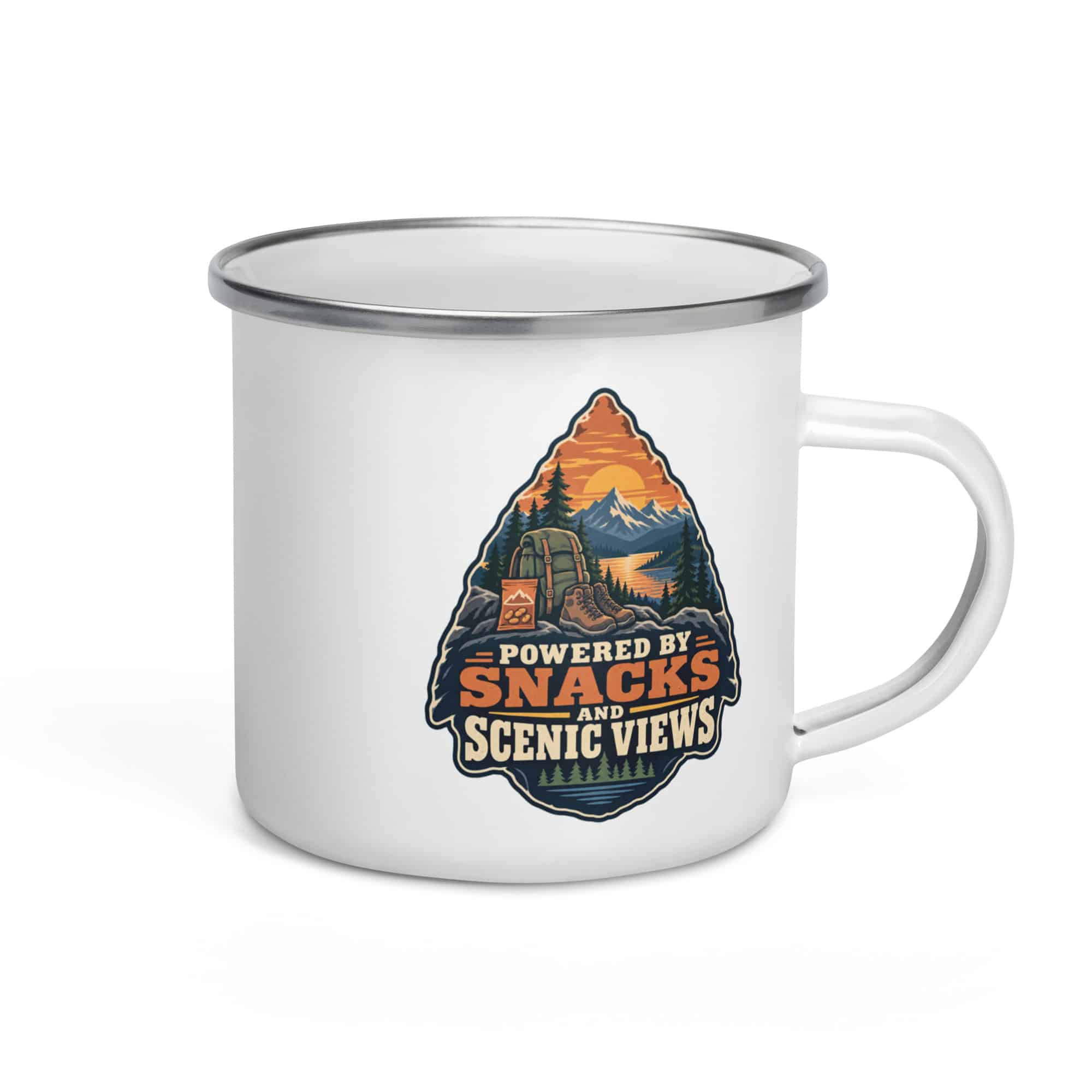 Nature and Adventure Enamel Camp Mug: Powered by Snacks and Scenic Views, Scenic Shield Badge