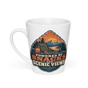 Nature and Adventure Latte Mug: Powered by Snacks and Scenic Views, Scenic Shield Badge - 12 oz - Main
