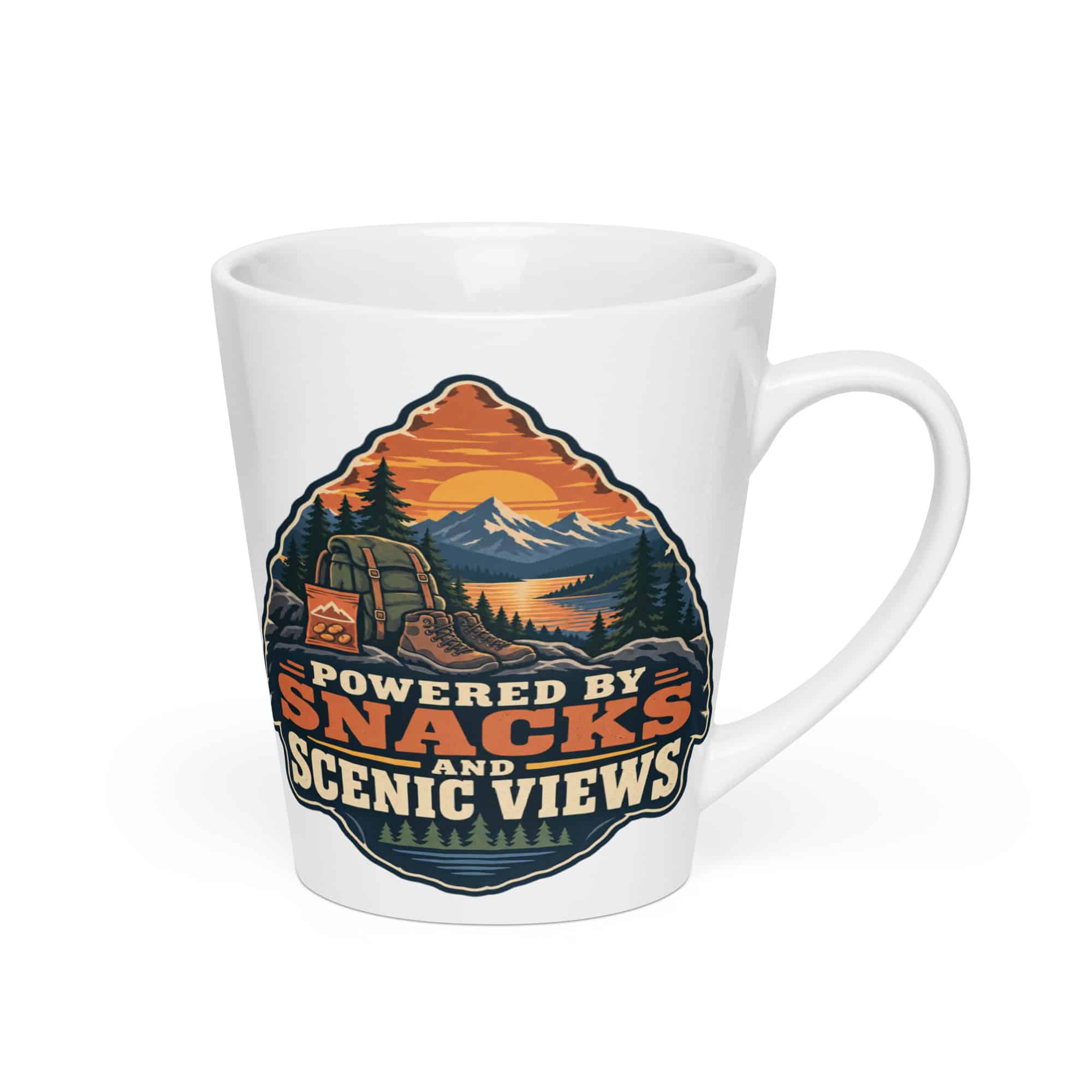 Nature and Adventure Latte Mug: Powered by Snacks and Scenic Views, Scenic Shield Badge