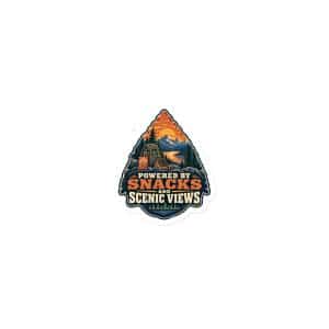 Nature and Adventure Die-Cut Magnet: Powered by Snacks and Scenic Views, Scenic Shield Badge - 3″×3″ - Main