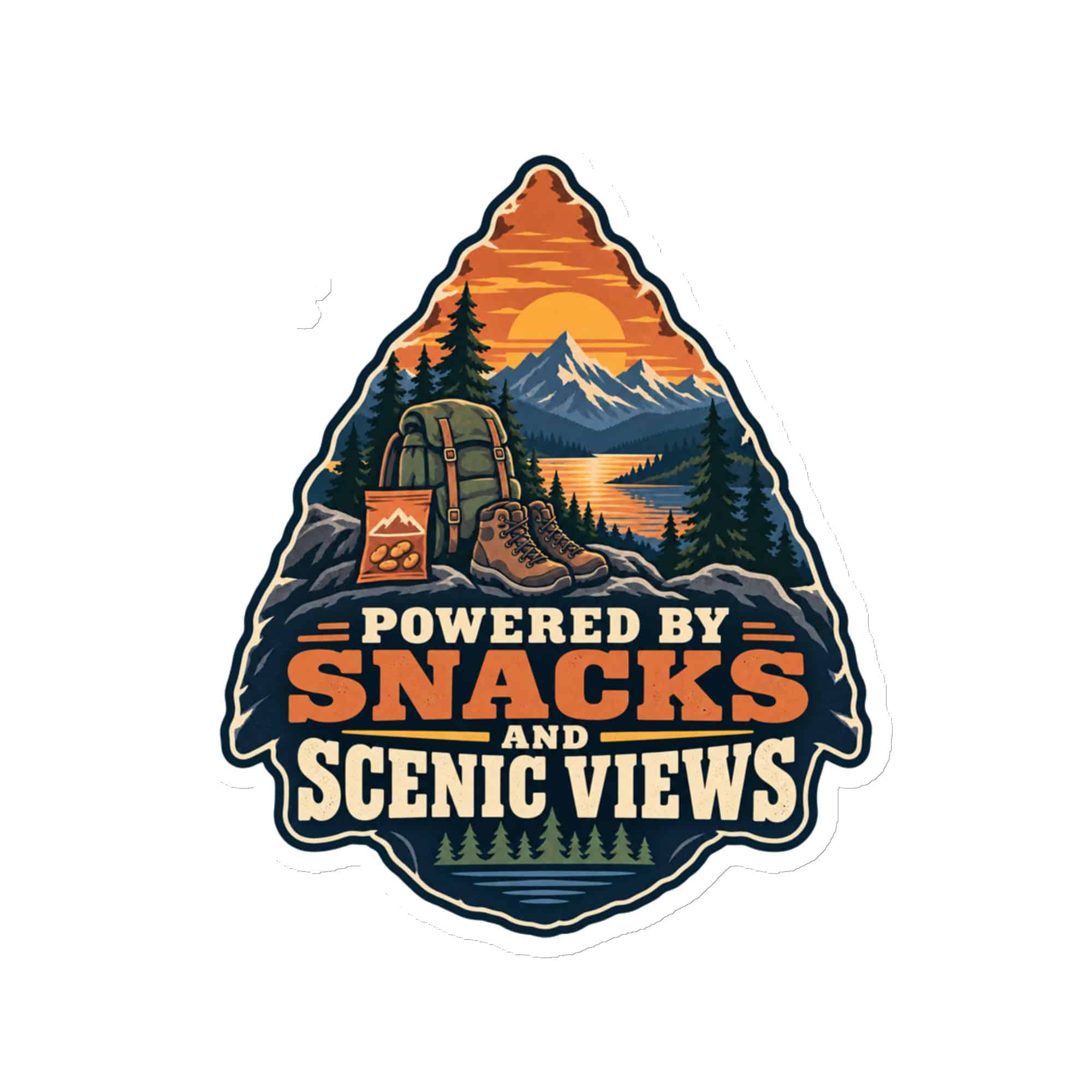 Nature and Adventure Die-Cut Magnet: Powered by Snacks and Scenic Views, Scenic Shield Badge