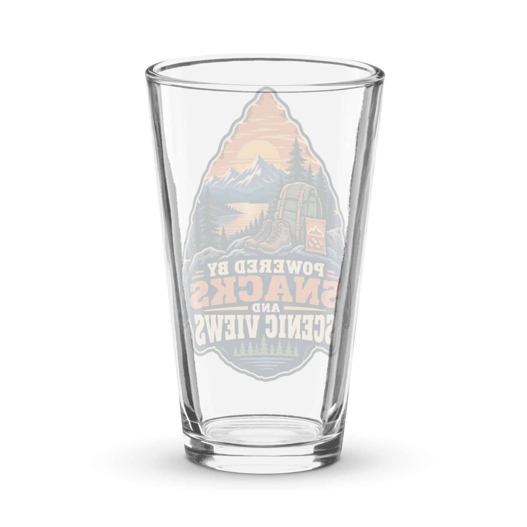 Nature and Adventure Pint Glass: Powered by Snacks and Scenic Views, Scenic Shield Badge