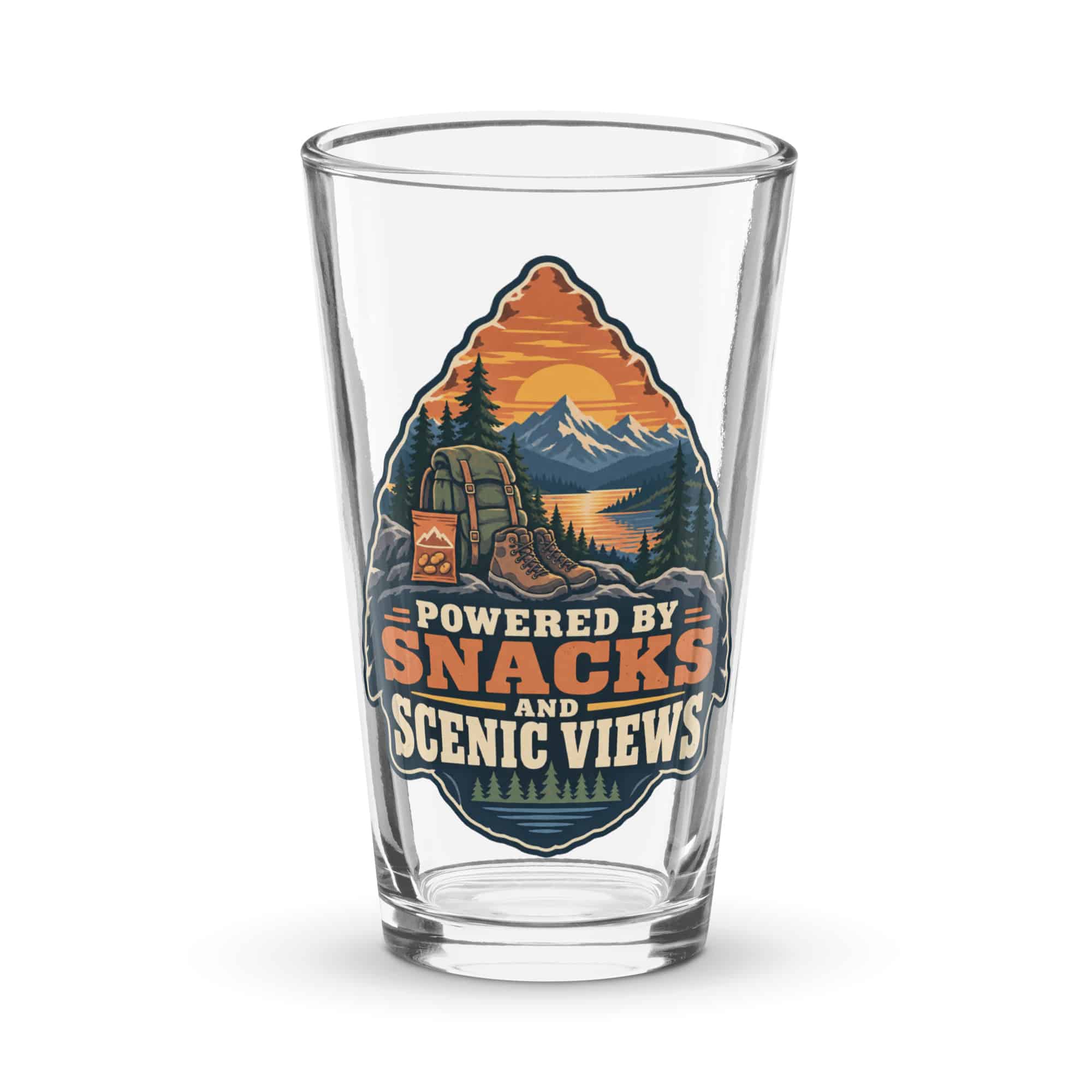 Nature and Adventure Pint Glass: Powered by Snacks and Scenic Views, Scenic Shield Badge