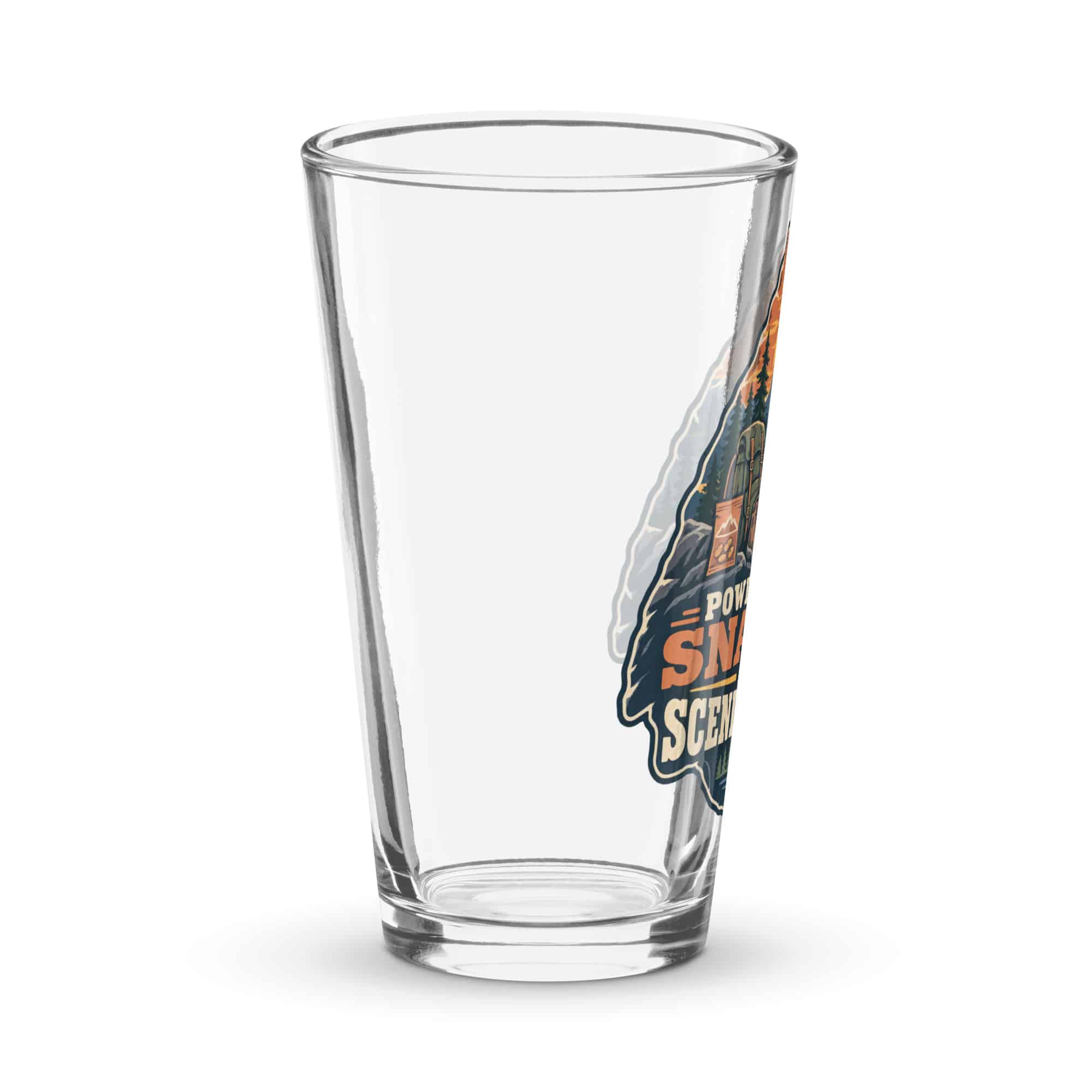 Nature and Adventure Pint Glass: Powered by Snacks and Scenic Views, Scenic Shield Badge