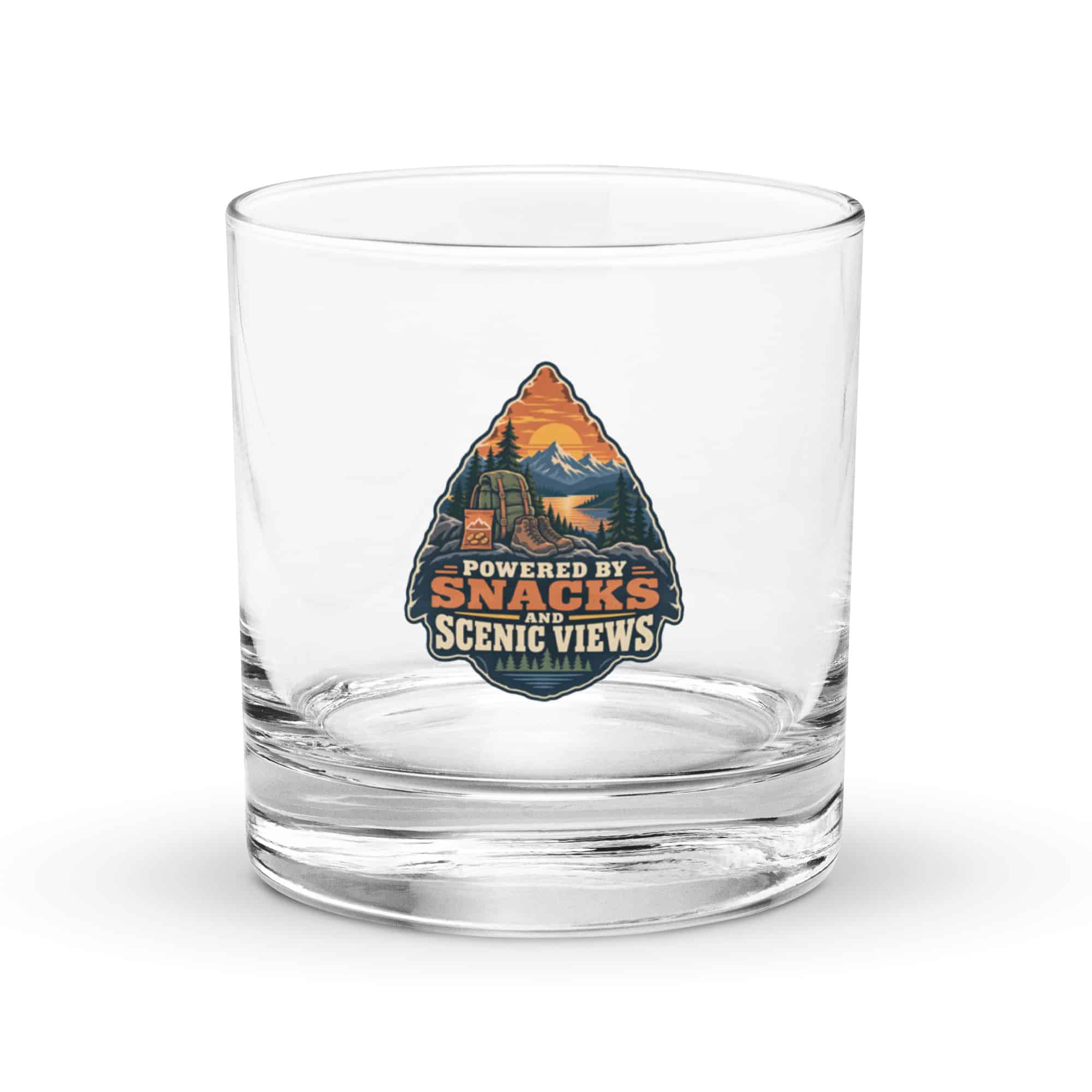 Nature and Adventure Rocks Glass: Powered by Snacks and Scenic Views, Scenic Shield Badge