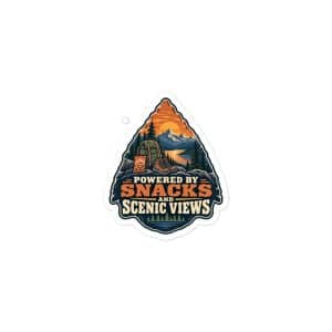 Nature and Adventure Vinyl Sticker: Powered by Snacks and Scenic Views, Scenic Shield Badge - 3″×3″ - Main
