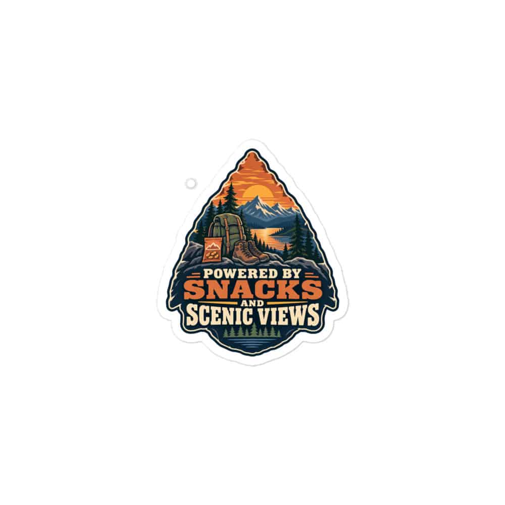 Nature and Adventure Vinyl Sticker: Powered by Snacks and Scenic Views, Scenic Shield Badge