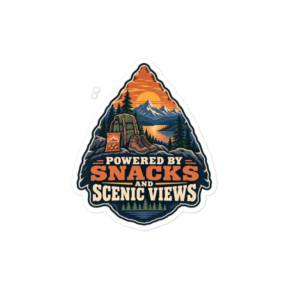 Nature and Adventure Vinyl Sticker: Powered by Snacks and Scenic Views, Scenic Shield Badge