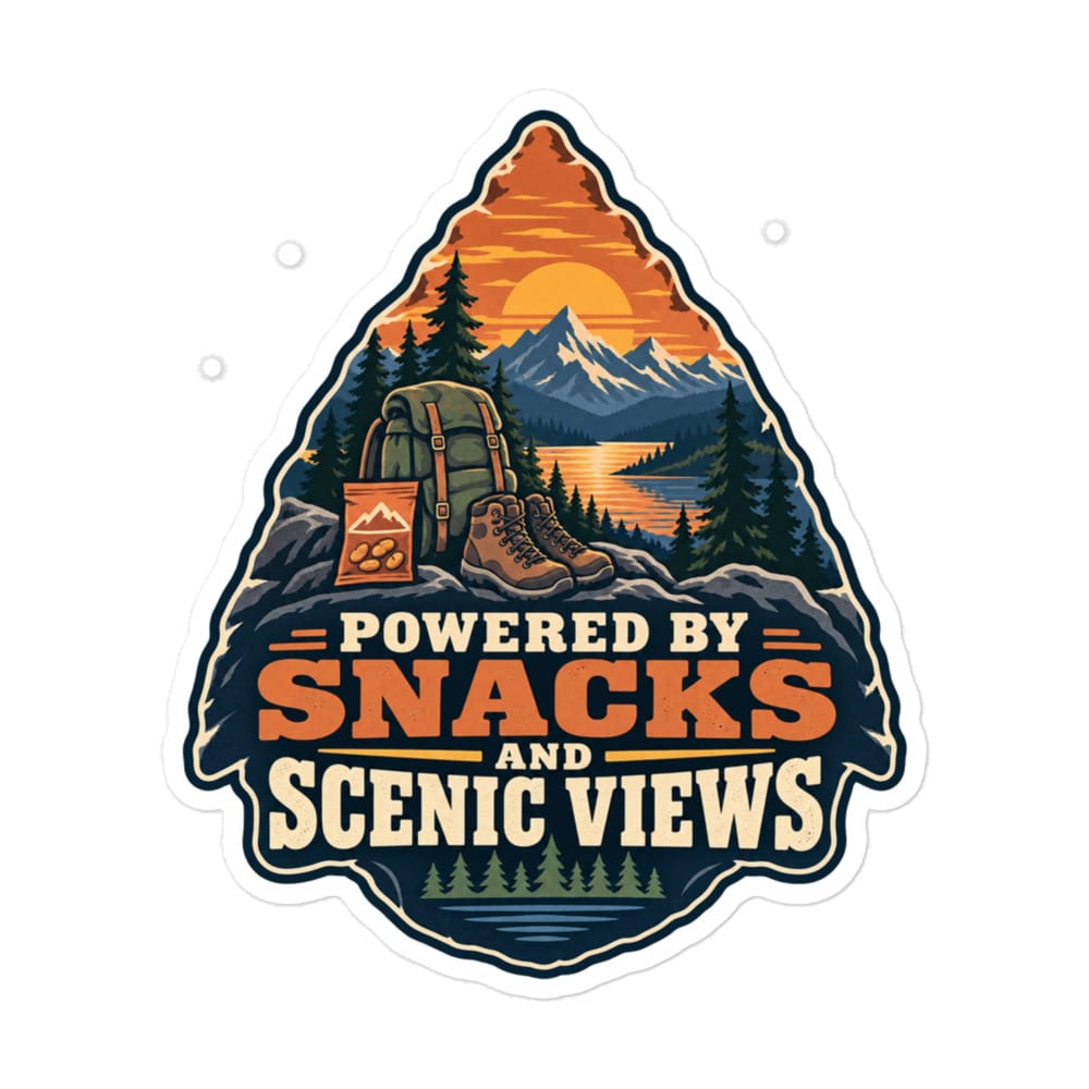 Nature and Adventure Vinyl Sticker: Powered by Snacks and Scenic Views, Scenic Shield Badge