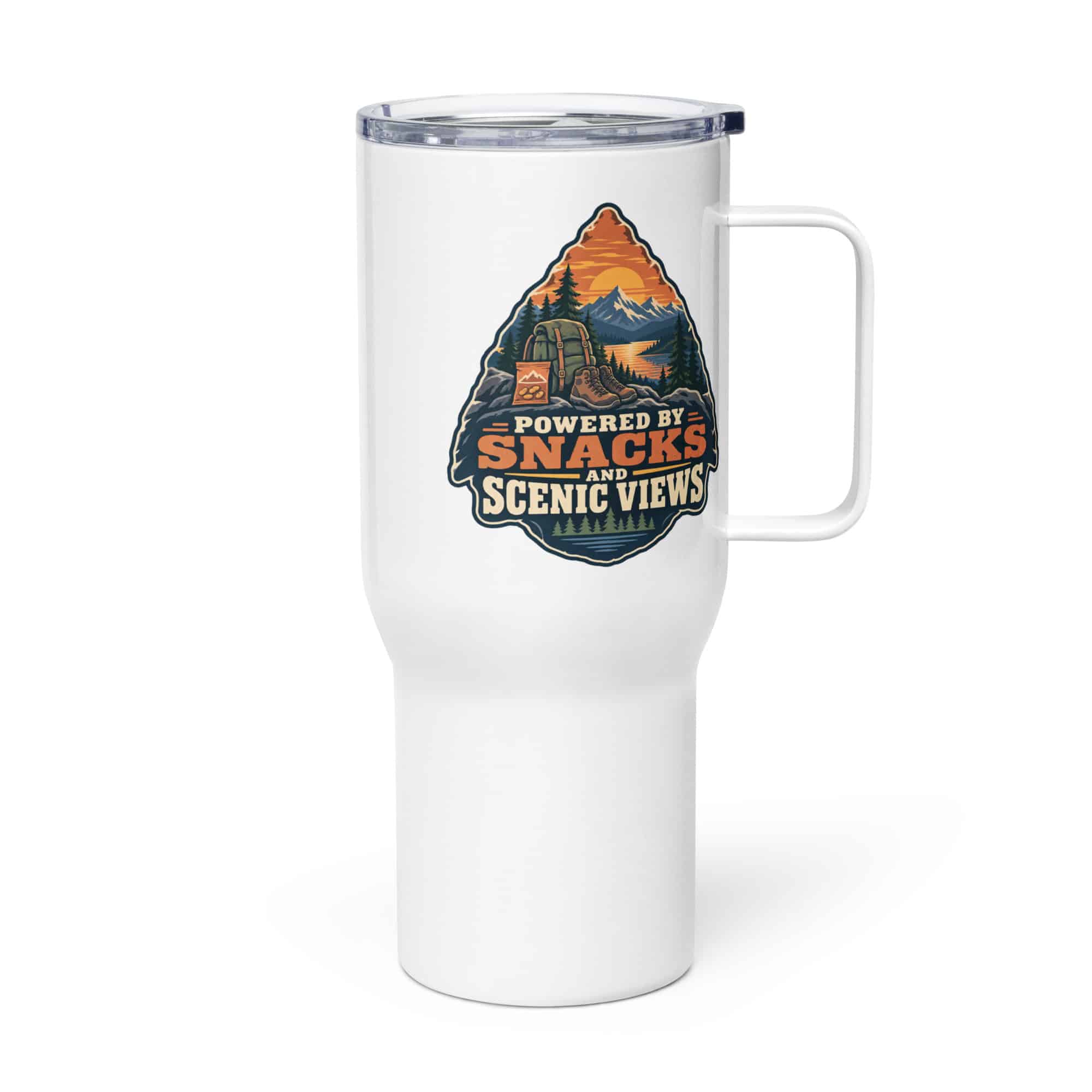 Nature and Adventure Travel Mug: Powered by Snacks and Scenic Views, Scenic Shield Badge
