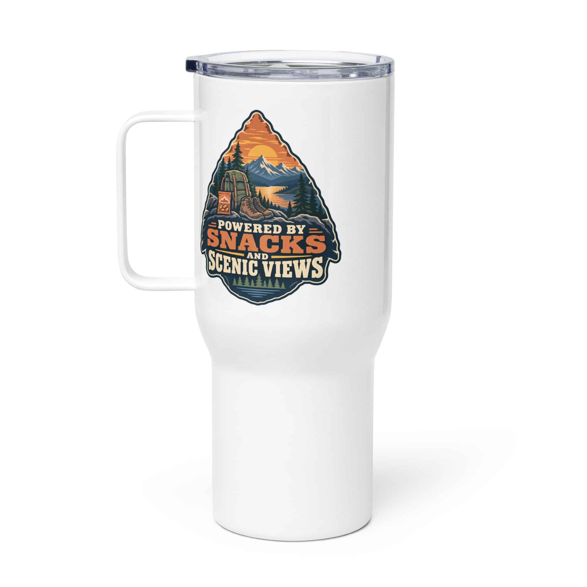 Nature and Adventure Travel Mug: Powered by Snacks and Scenic Views, Scenic Shield Badge