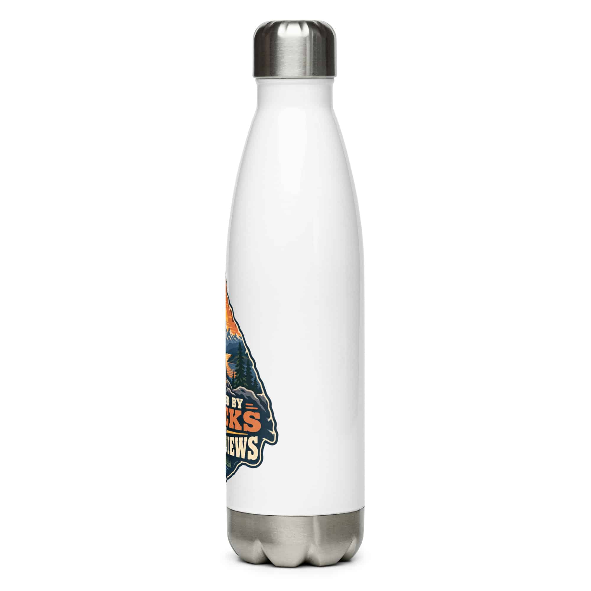 Nature and Adventure Stainless Steel Water Bottle: Powered by Snacks and Scenic Views, Scenic Shield Badge