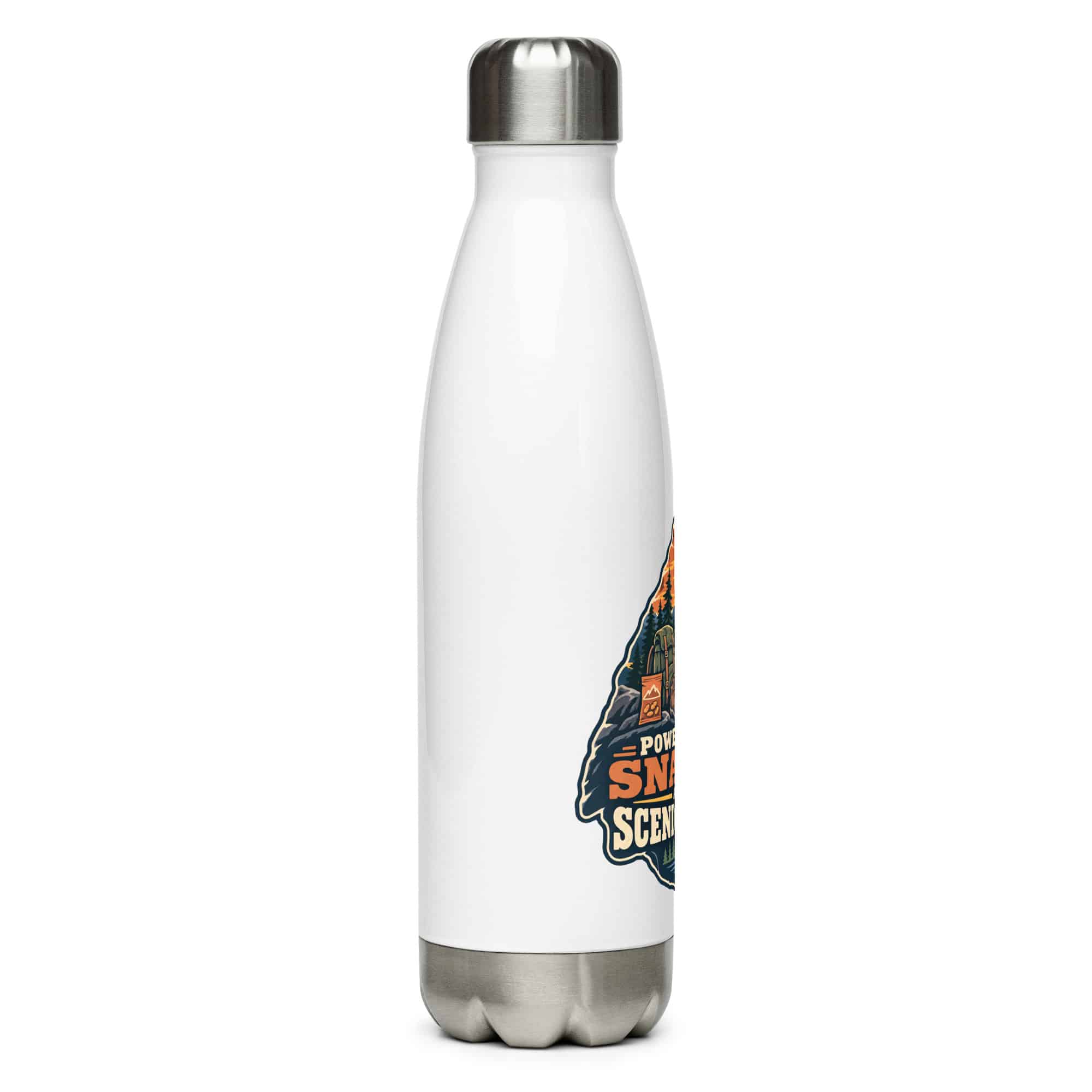 Nature and Adventure Stainless Steel Water Bottle: Powered by Snacks and Scenic Views, Scenic Shield Badge