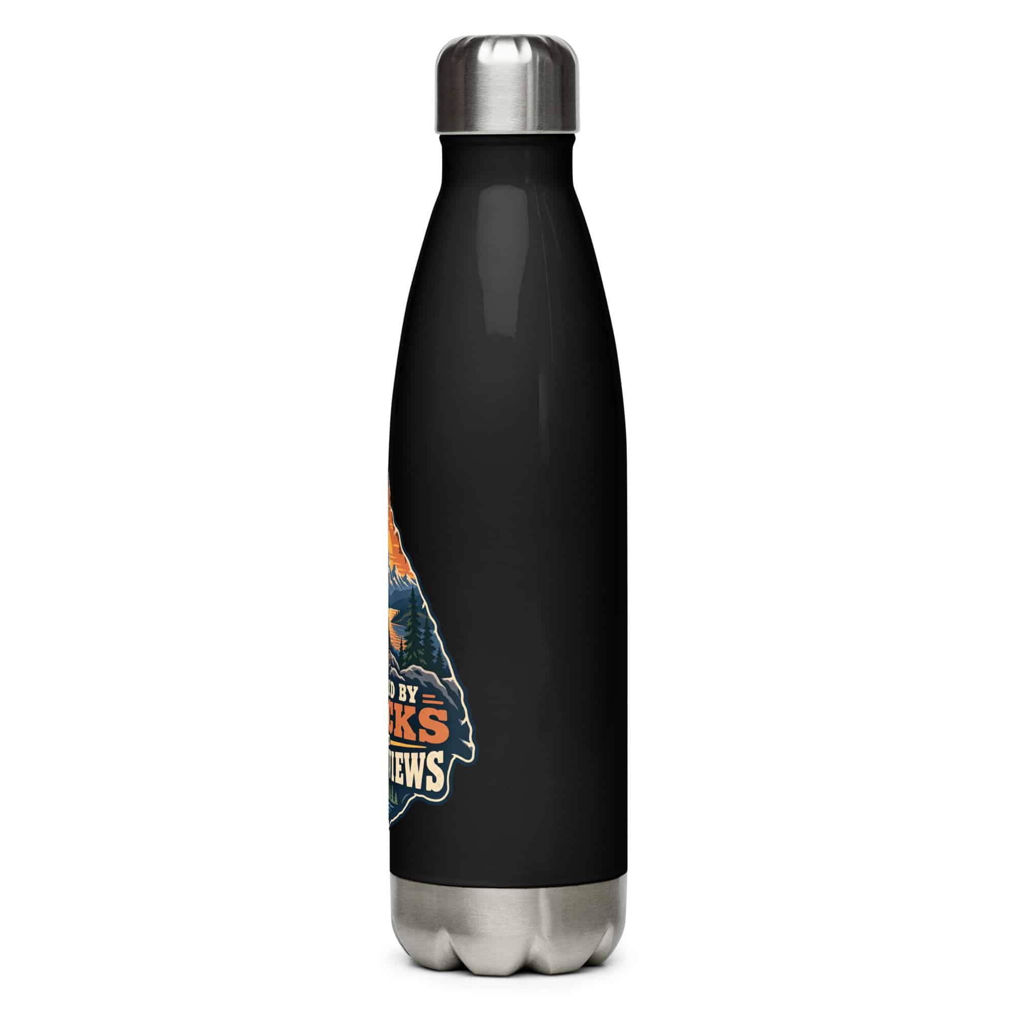 Nature and Adventure Stainless Steel Water Bottle: Powered by Snacks and Scenic Views, Scenic Shield Badge