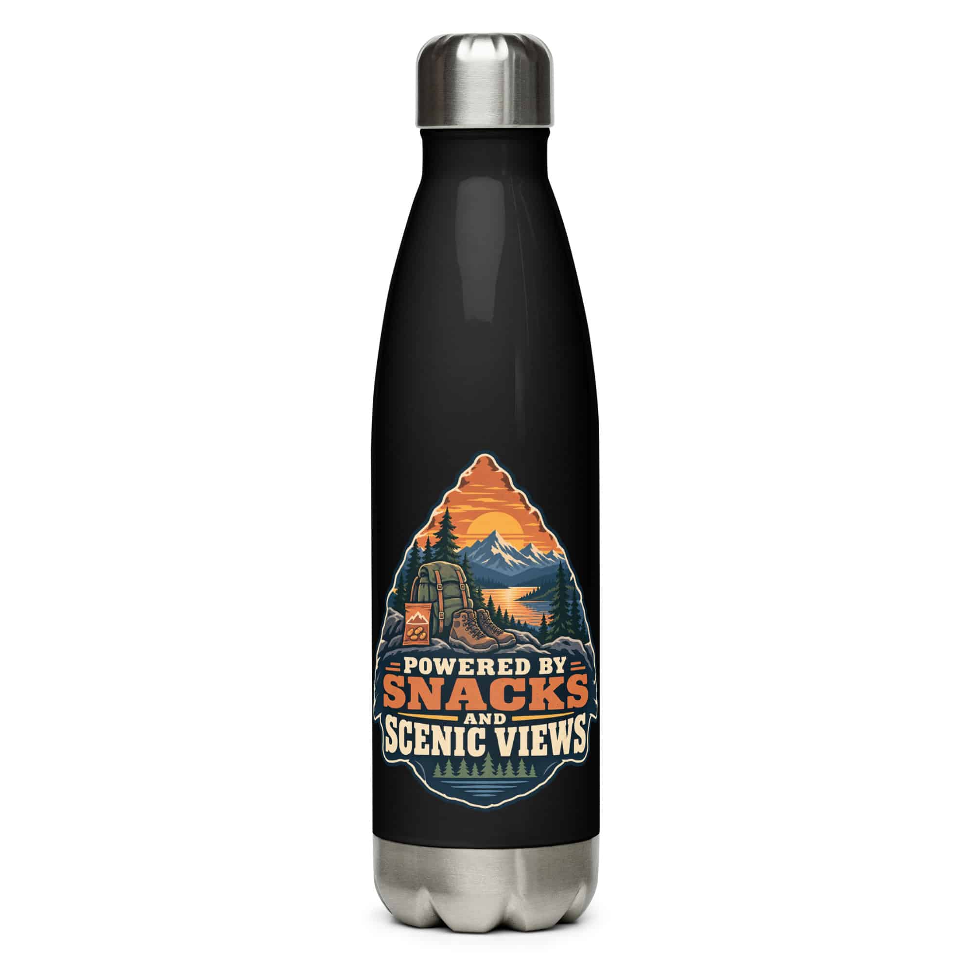 Nature and Adventure Stainless Steel Water Bottle: Powered by Snacks and Scenic Views, Scenic Shield Badge
