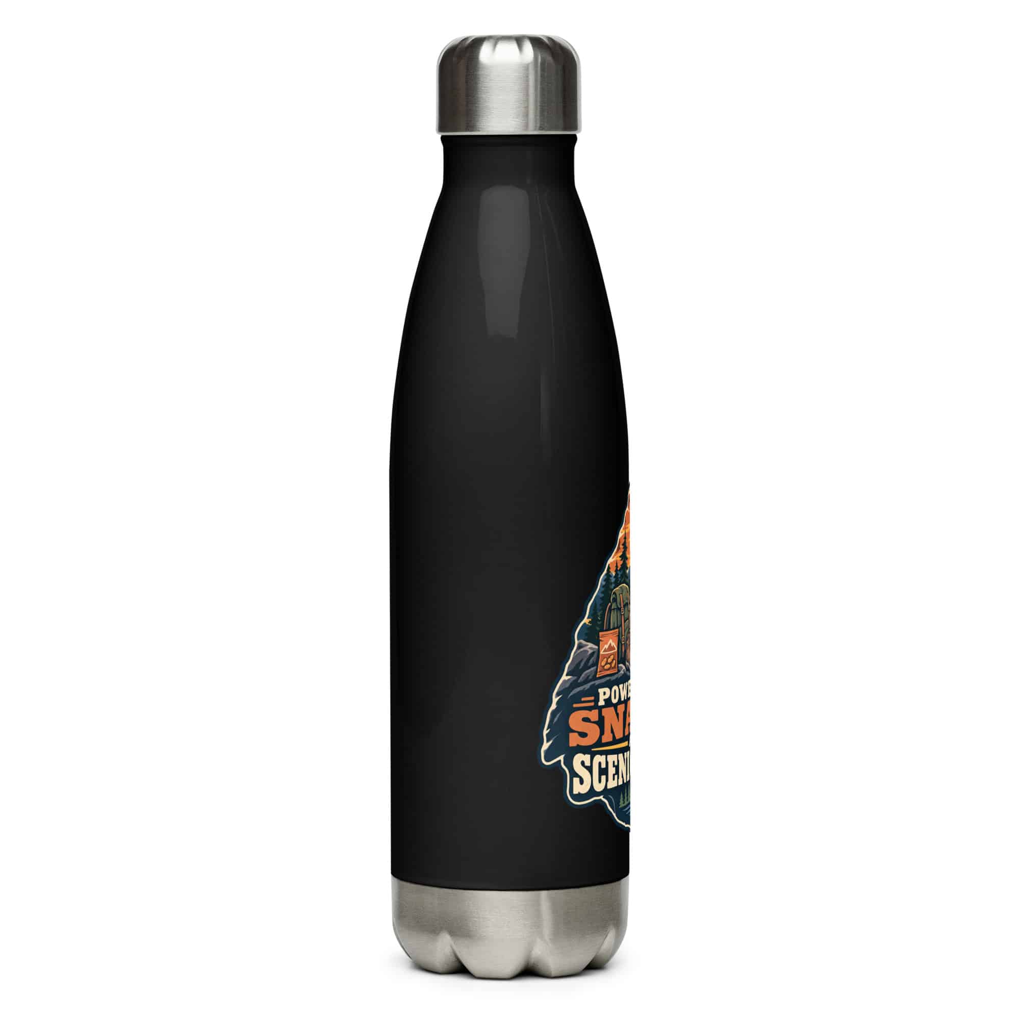 Nature and Adventure Stainless Steel Water Bottle: Powered by Snacks and Scenic Views, Scenic Shield Badge