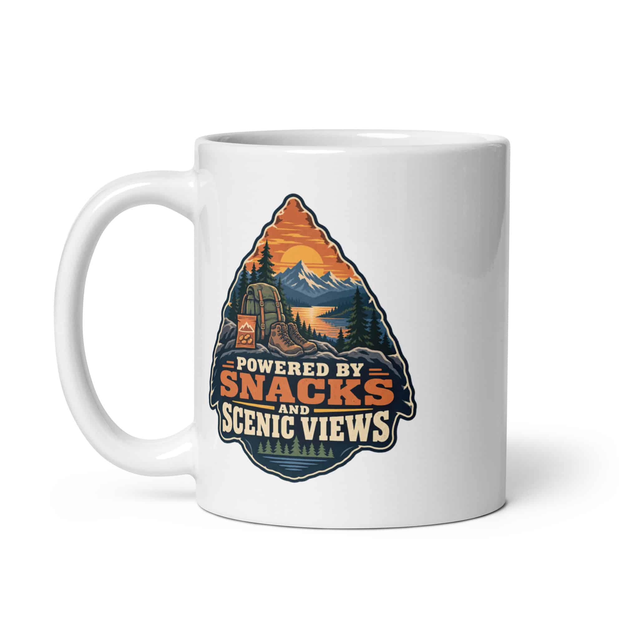 Nature and Adventure White Ceramic Coffee Mug: Powered by Snacks and Scenic Views, Scenic Shield Badge