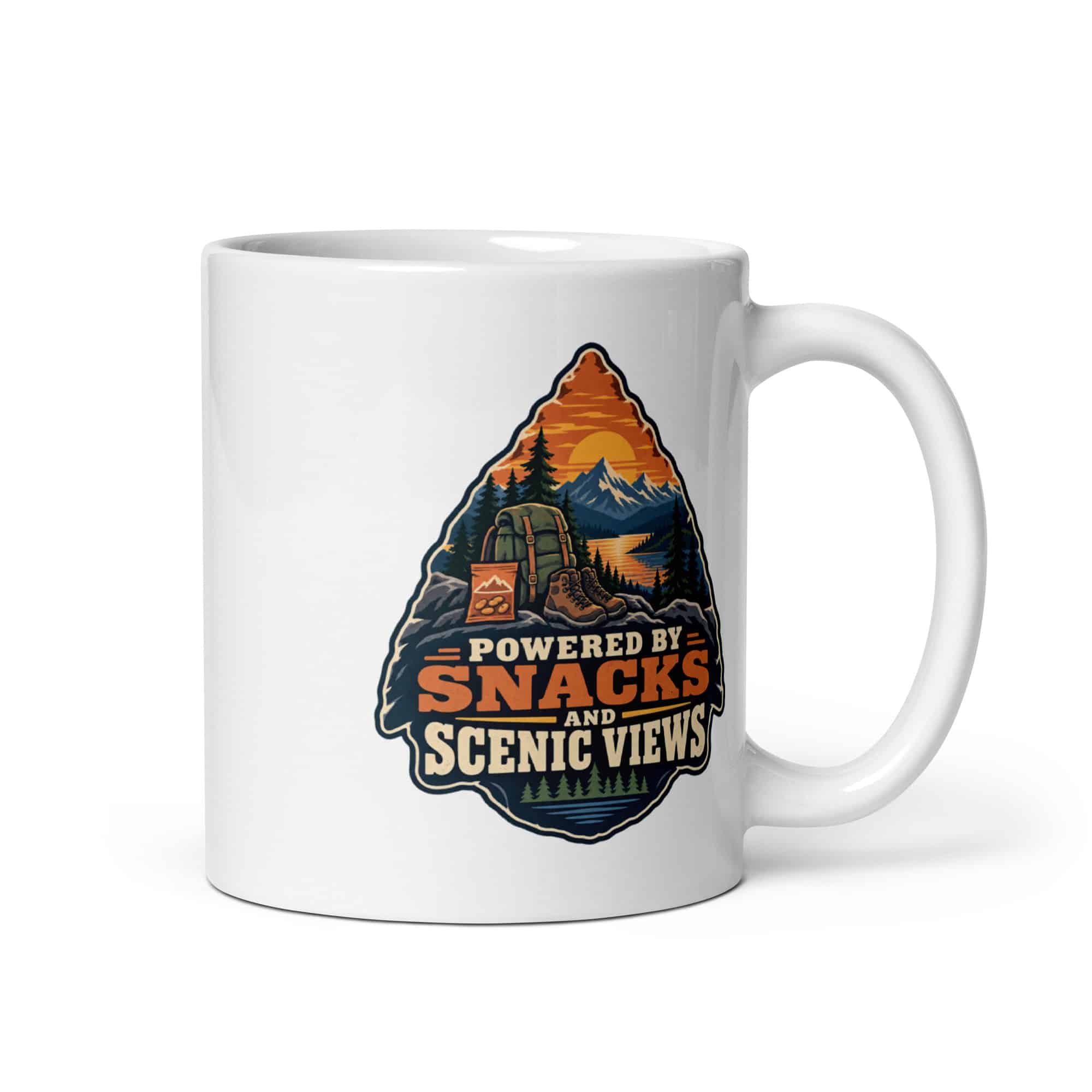Nature and Adventure White Ceramic Coffee Mug: Powered by Snacks and Scenic Views, Scenic Shield Badge