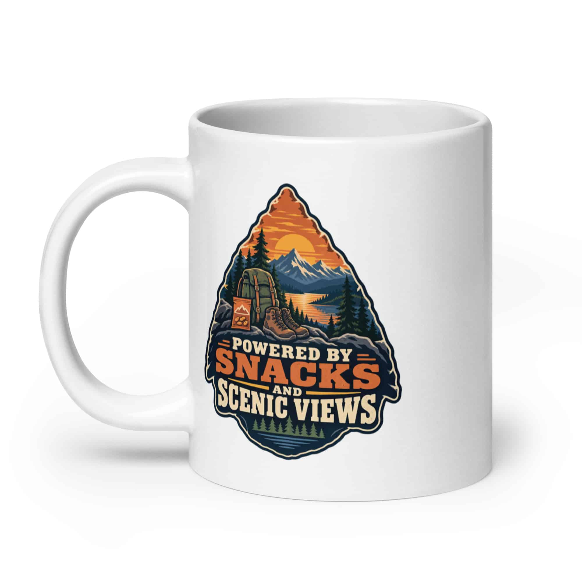 Nature and Adventure White Ceramic Coffee Mug: Powered by Snacks and Scenic Views, Scenic Shield Badge