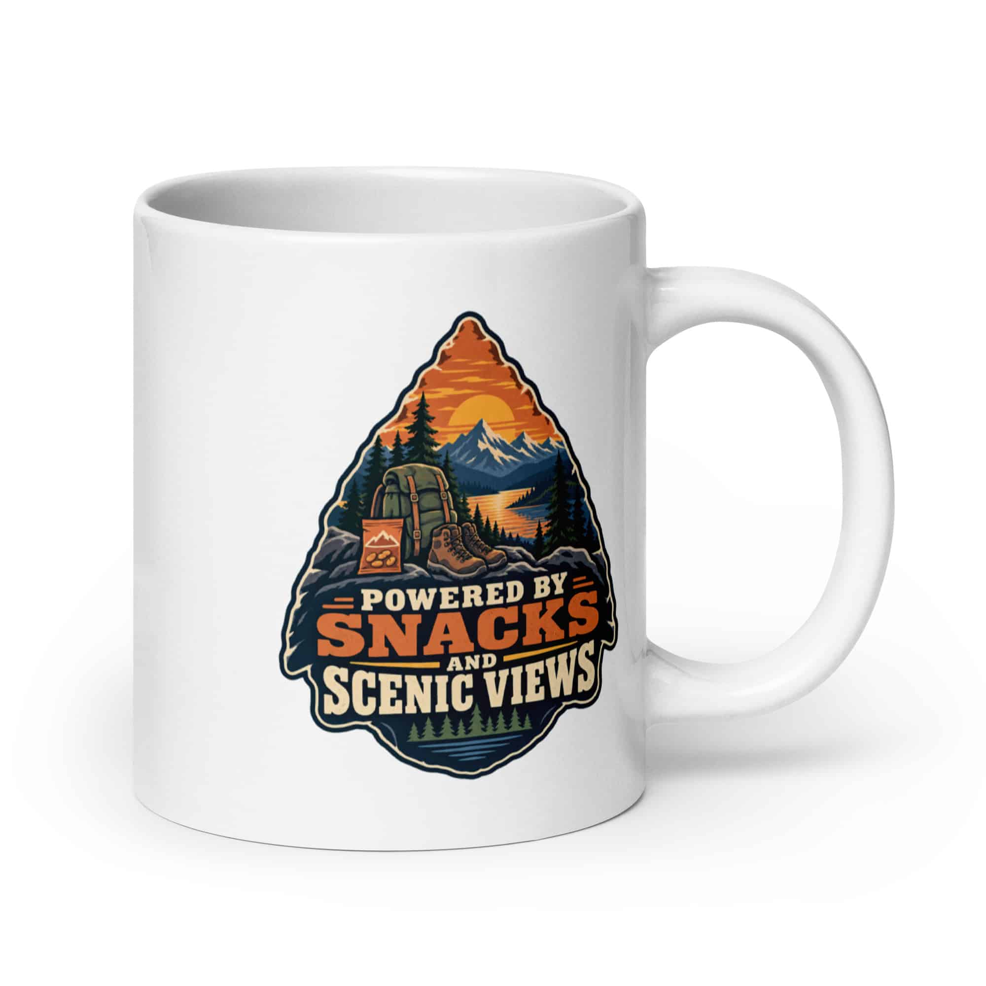 Nature and Adventure White Ceramic Coffee Mug: Powered by Snacks and Scenic Views, Scenic Shield Badge