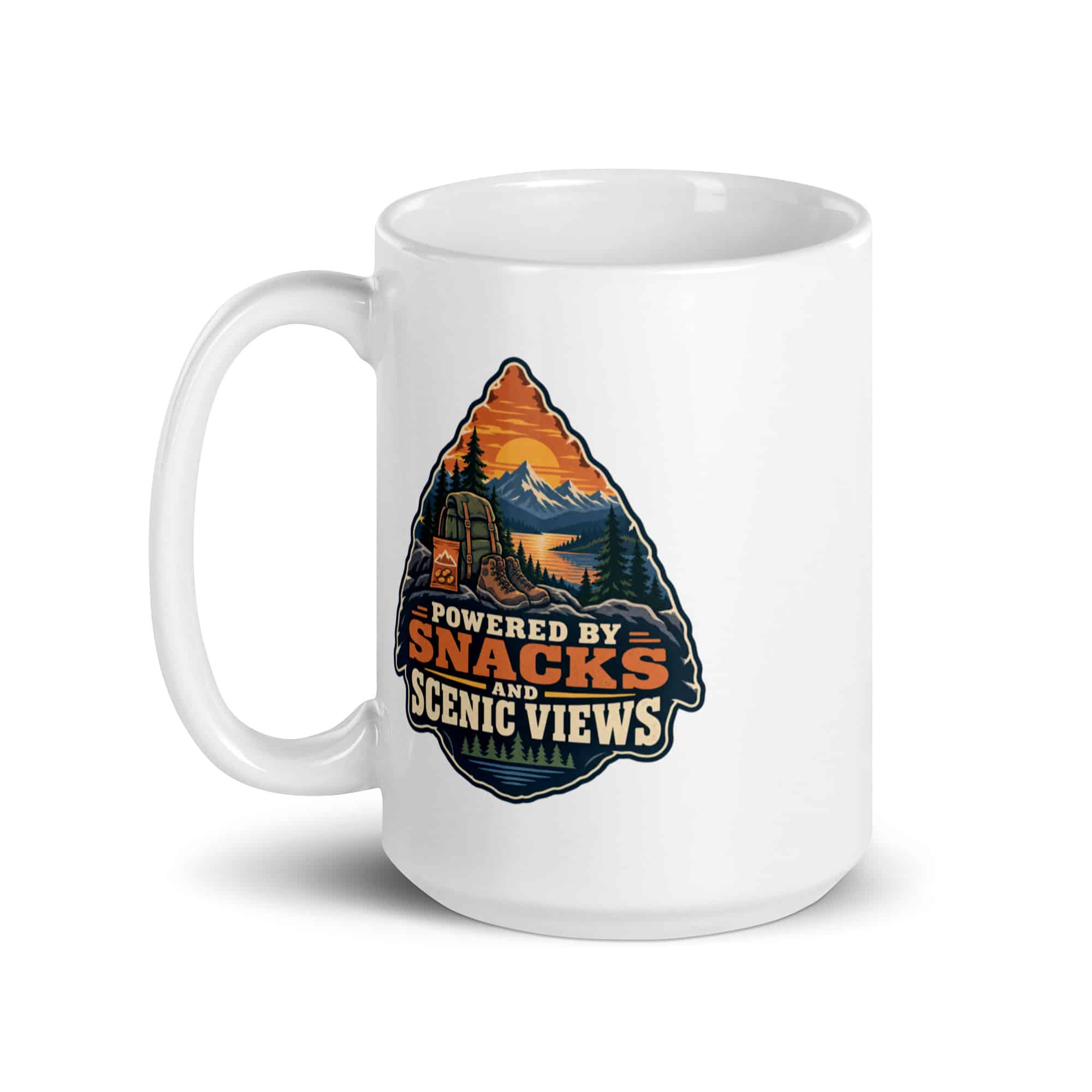 Nature and Adventure White Ceramic Coffee Mug: Powered by Snacks and Scenic Views, Scenic Shield Badge