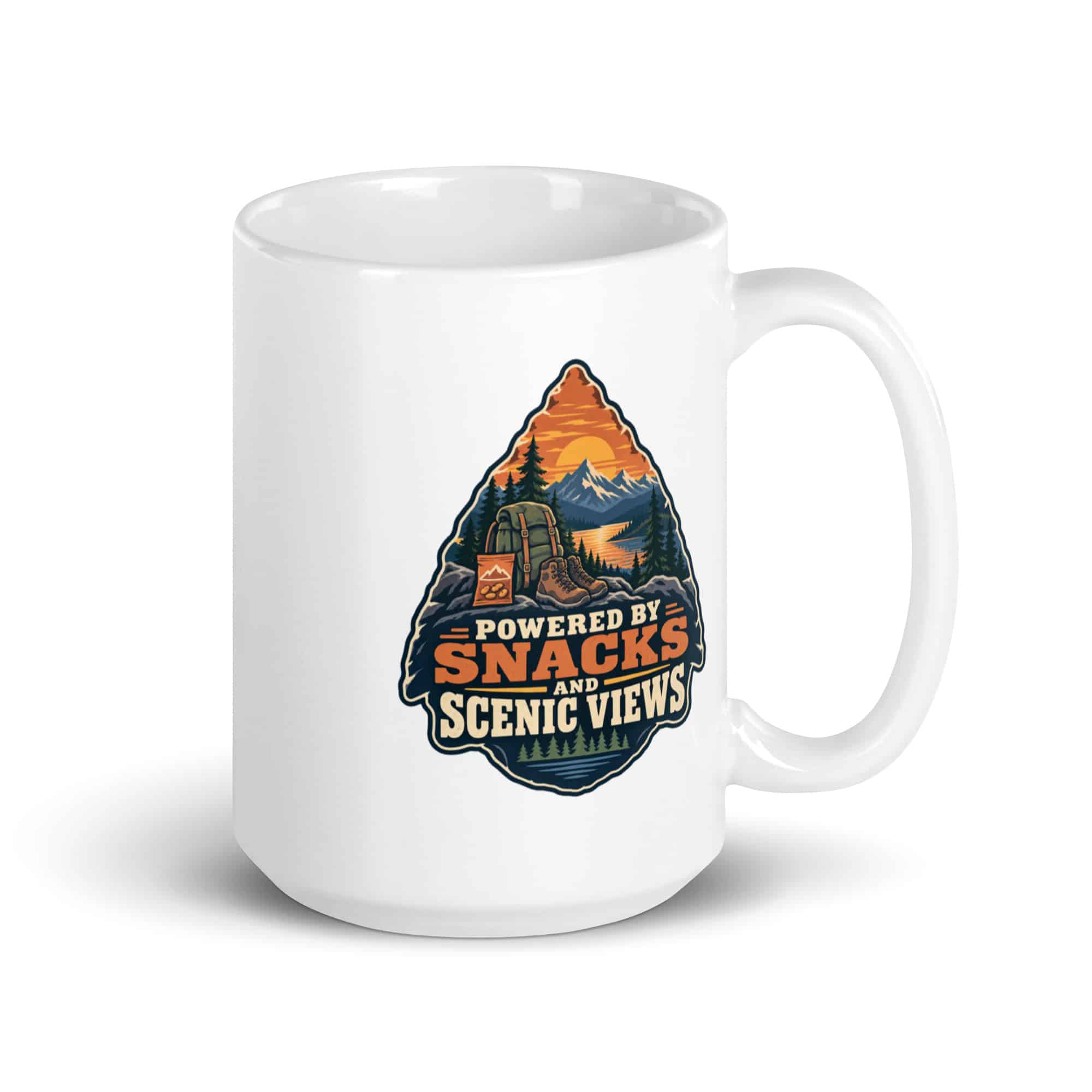 Nature and Adventure White Ceramic Coffee Mug: Powered by Snacks and Scenic Views, Scenic Shield Badge